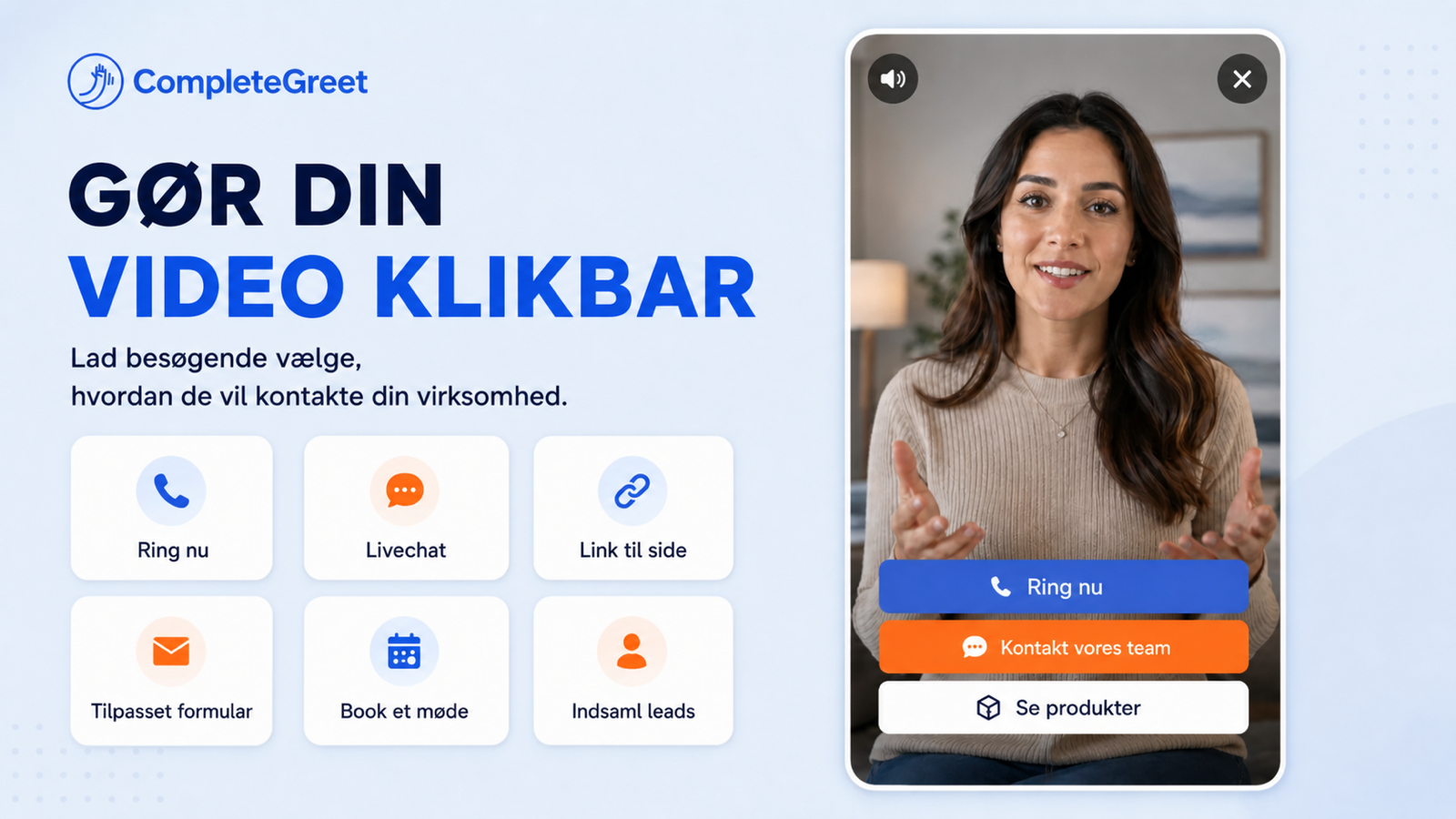 Videowidget til skønheds- og kosmetikbrands 3 Klikbar CompleteGreet-videowidget med opkald, chat, link, booking og produktknapper