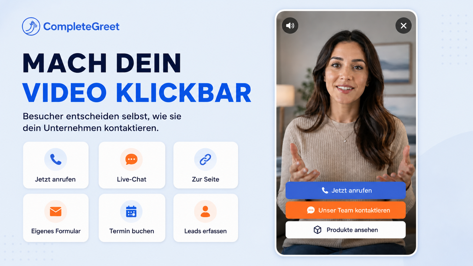 Anklickbares CompleteGreet-Video-Widget mit Anruf-, Chat-, Link-, Buchungs- und Produktbuttons