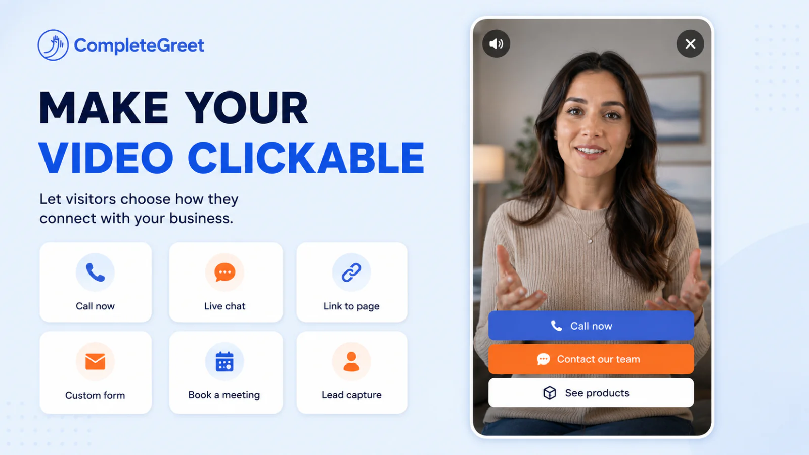 Anklickbares CompleteGreet-Video-Widget mit Anruf-, Chat-, Link-, Buchungs- und Produktbuttons