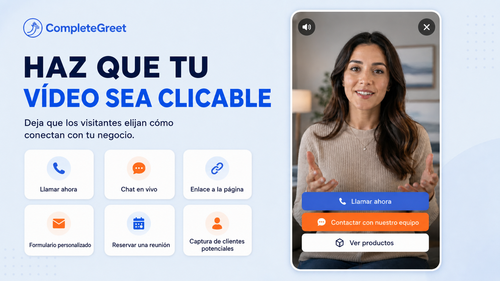Videoburbuja para marcas de belleza y cosmética 3 Widget de vídeo interactivo de CompleteGreet con botones de llamada, chat, enlace, reserva y producto
