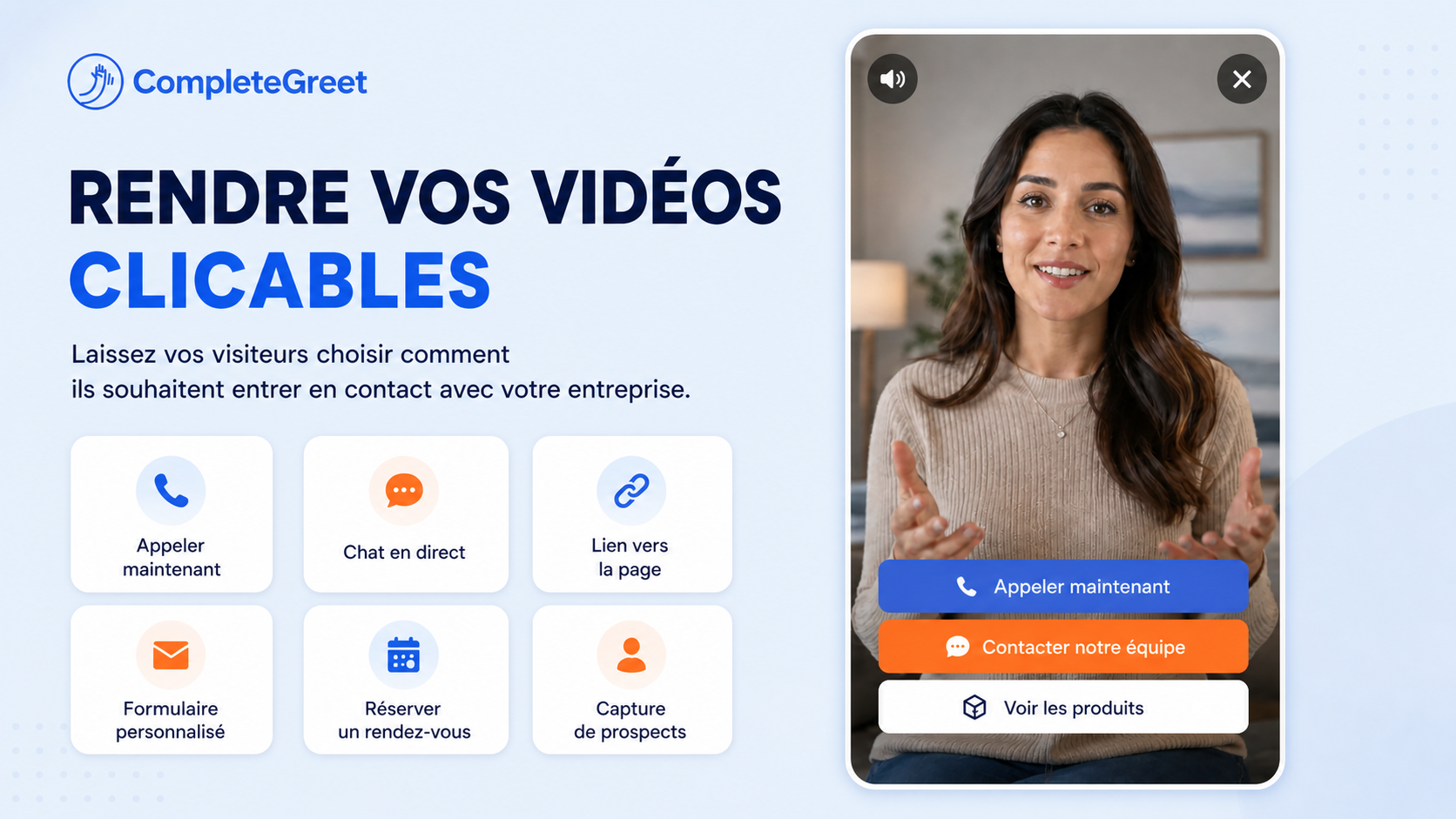 Bulle vidéo pour les marques de beauté et de cosmétiques 3 Widget vidéo cliquable CompleteGreet avec boutons d’appel, de chat, de lien, de réservation et de produit.