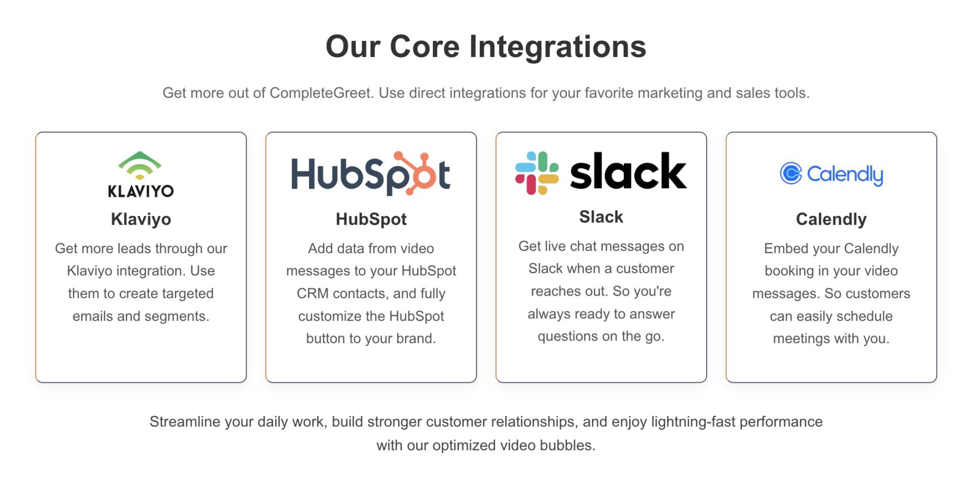 CompleteGreet vs SimplyReview 3 CompleteGreet core integrations for Klaviyo, HubSpot, Slack, and Calendly.
