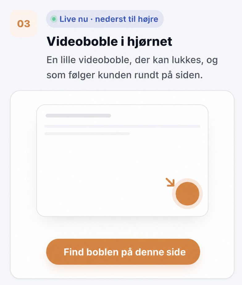 Videowidget til fitnesscentre og personlige trænere 3 CompleteGreet videoboble i hjørnet, der følger besøgende på siden.