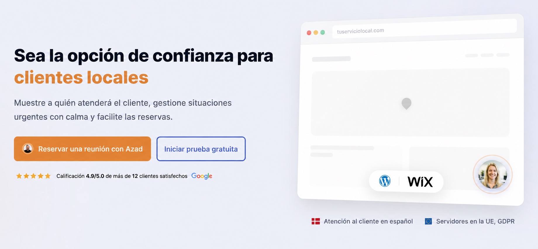 Sección principal de CompleteGreet para generar confianza y reservas