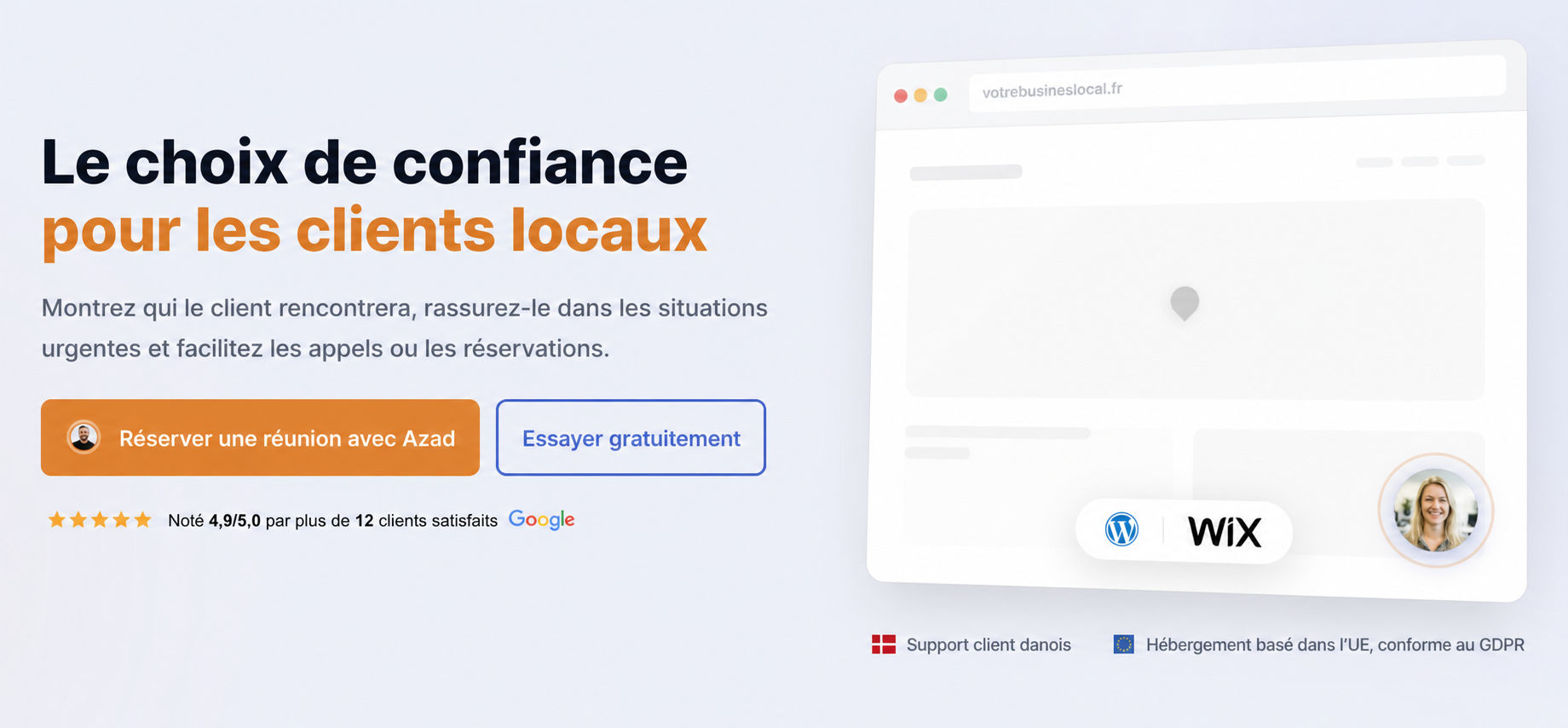 Section principale CompleteGreet pour inspirer confiance et favoriser les réservations.