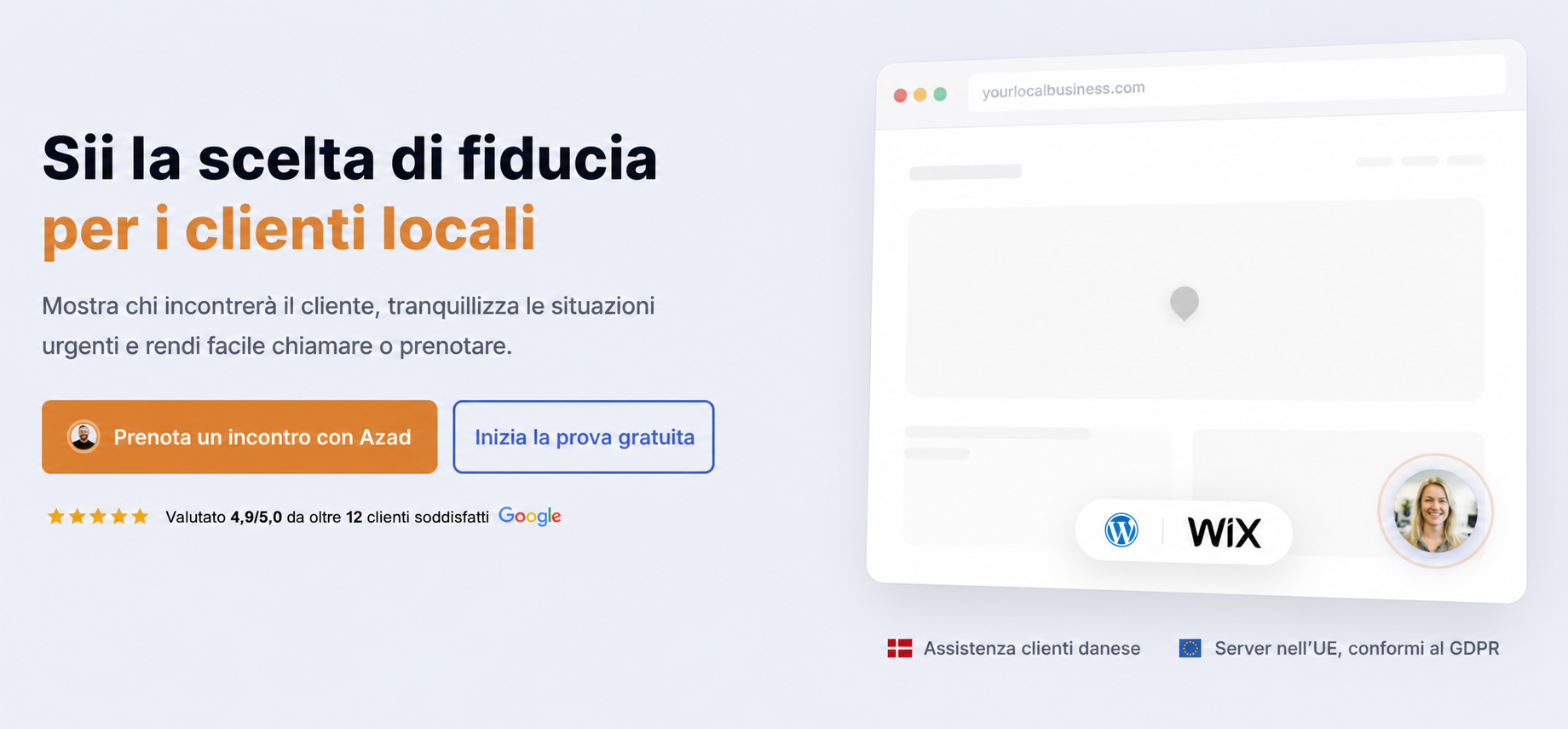 Sezione principale CompleteGreet per fiducia e prenotazioni.