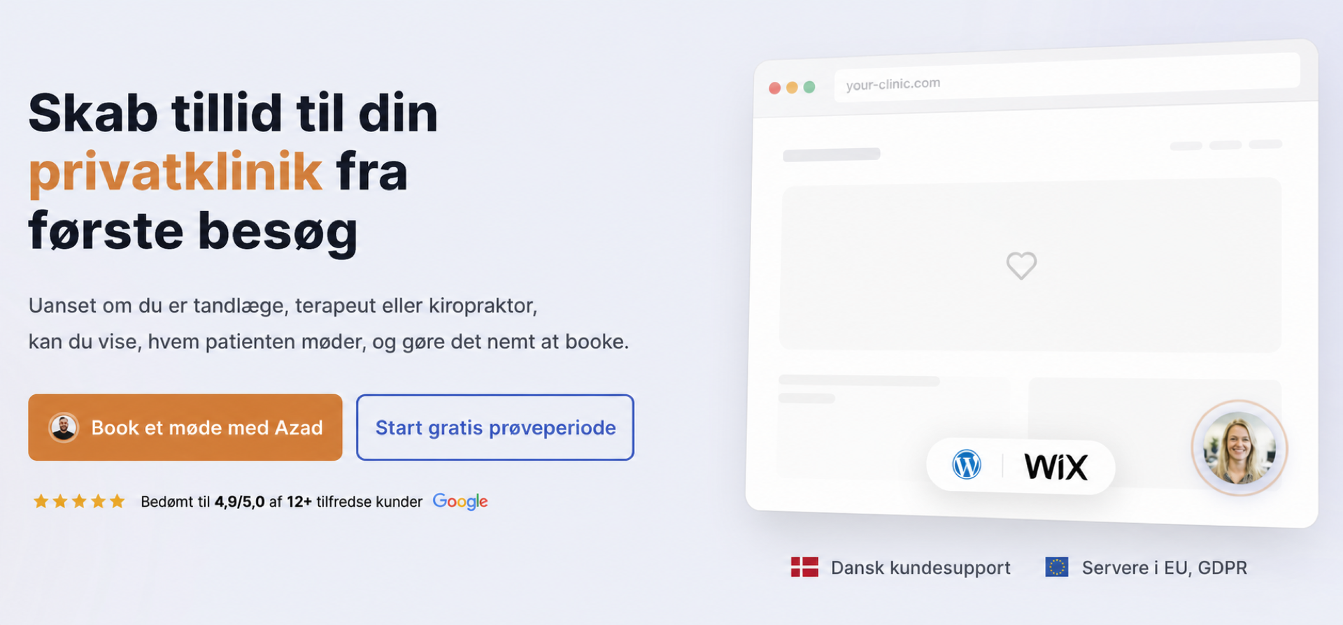 Videowidget til tandklinikker 4 CompleteGreet hero-sektion til patienttillid på en privat klinik.