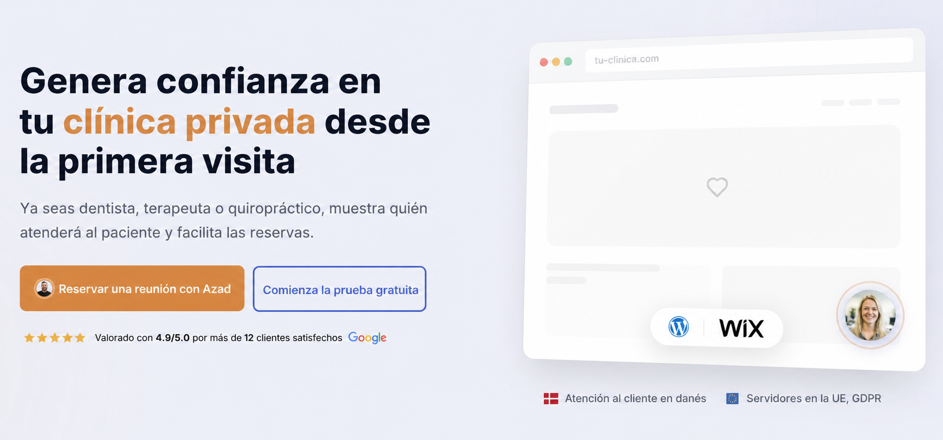 Sección principal de CompleteGreet para generar confianza en pacientes de una clínica privada