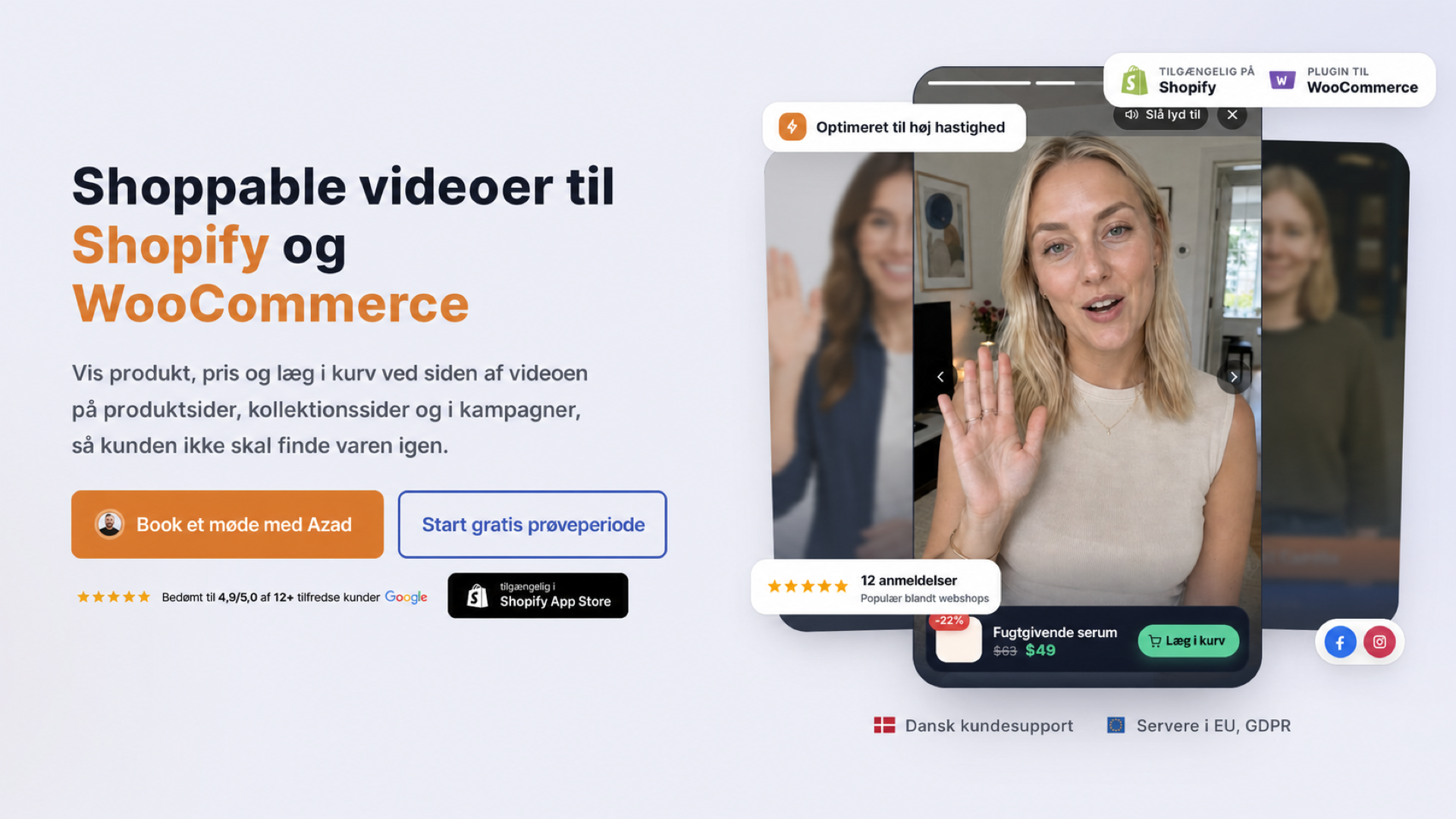 CompleteGreet shoppable videowidget med produktvideo og fordele