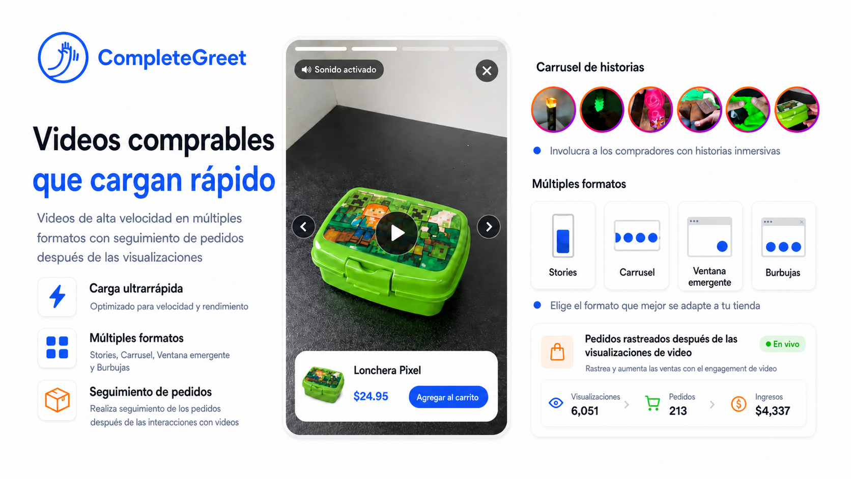 Widget de vídeo shoppable de CompleteGreet con un vídeo de producto y sus ventajas de rendimiento