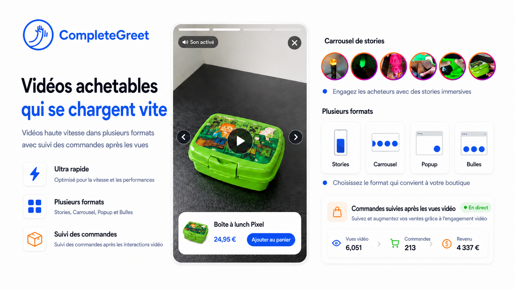 Vente additionnelle et montée en gamme avec une vidéo shoppable 2 Widget vidéo shoppable CompleteGreet montrant un produit et les avantages de performance