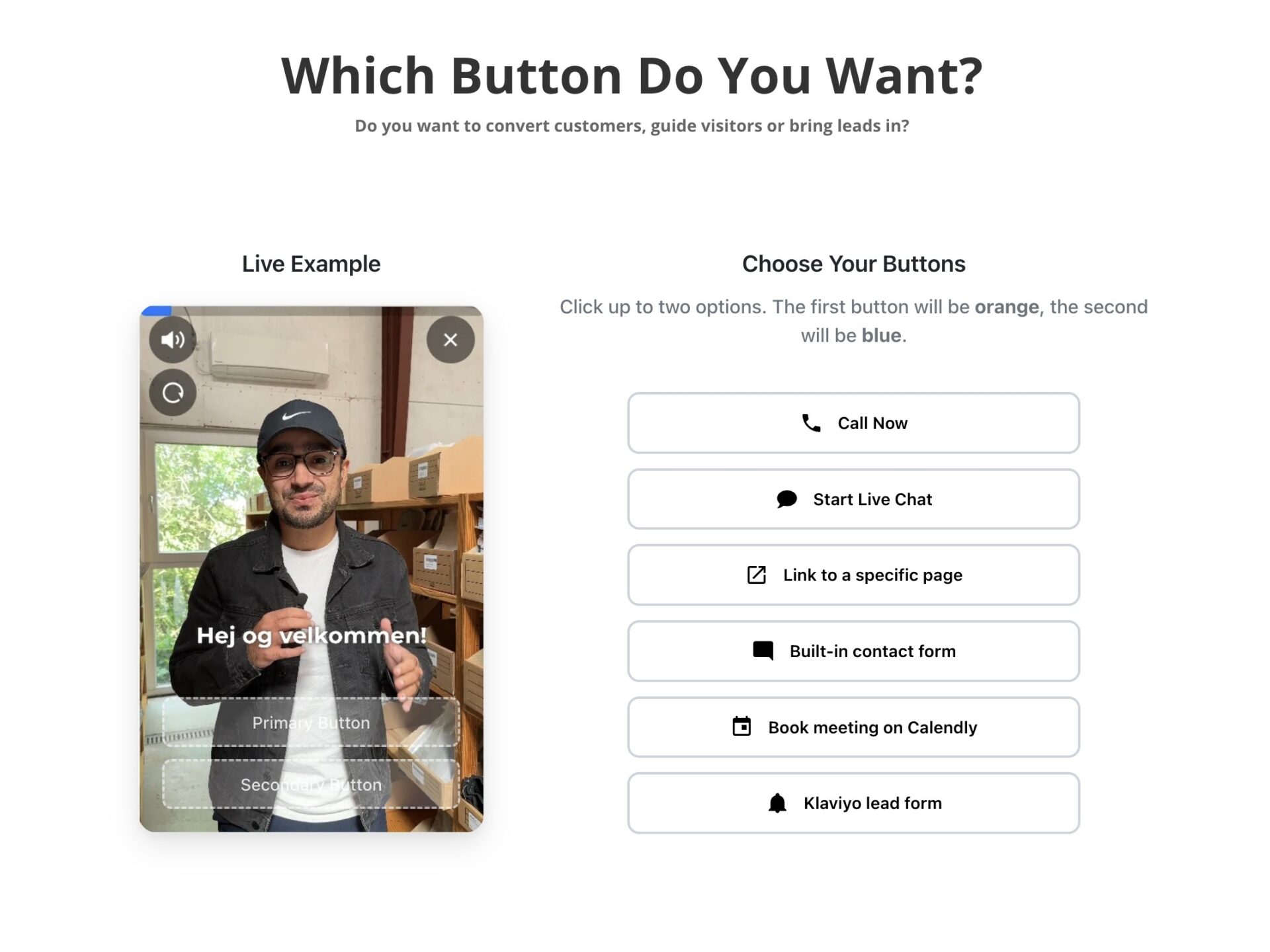 CompleteGreet video widget button options including call, chat, link, form, booking, and product buttons