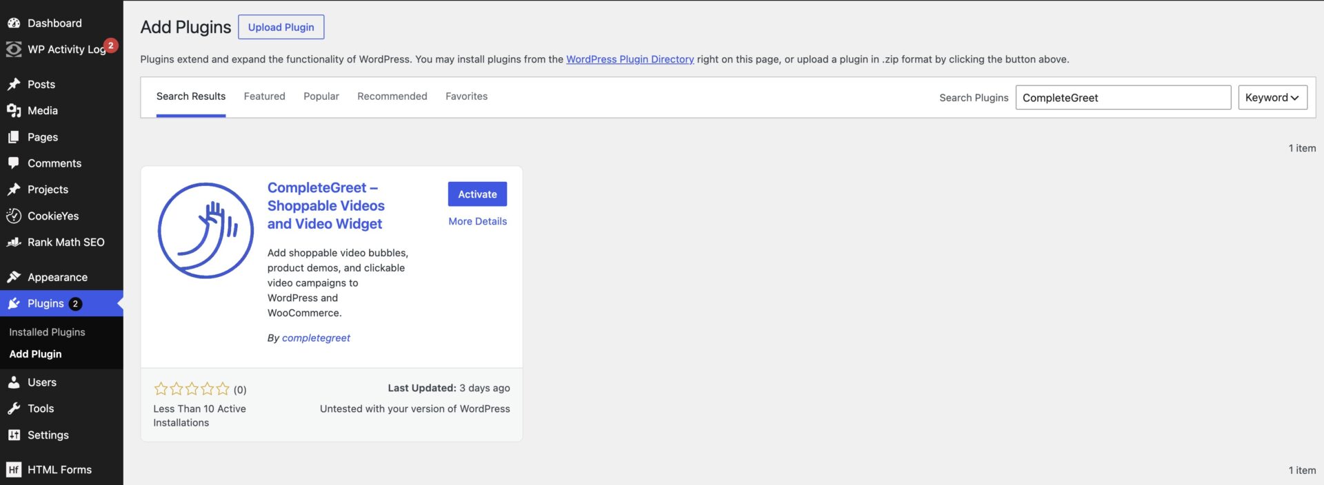 CompleteGreet-Plugin im WordPress-Bereich zum Hinzufügen von Plugins