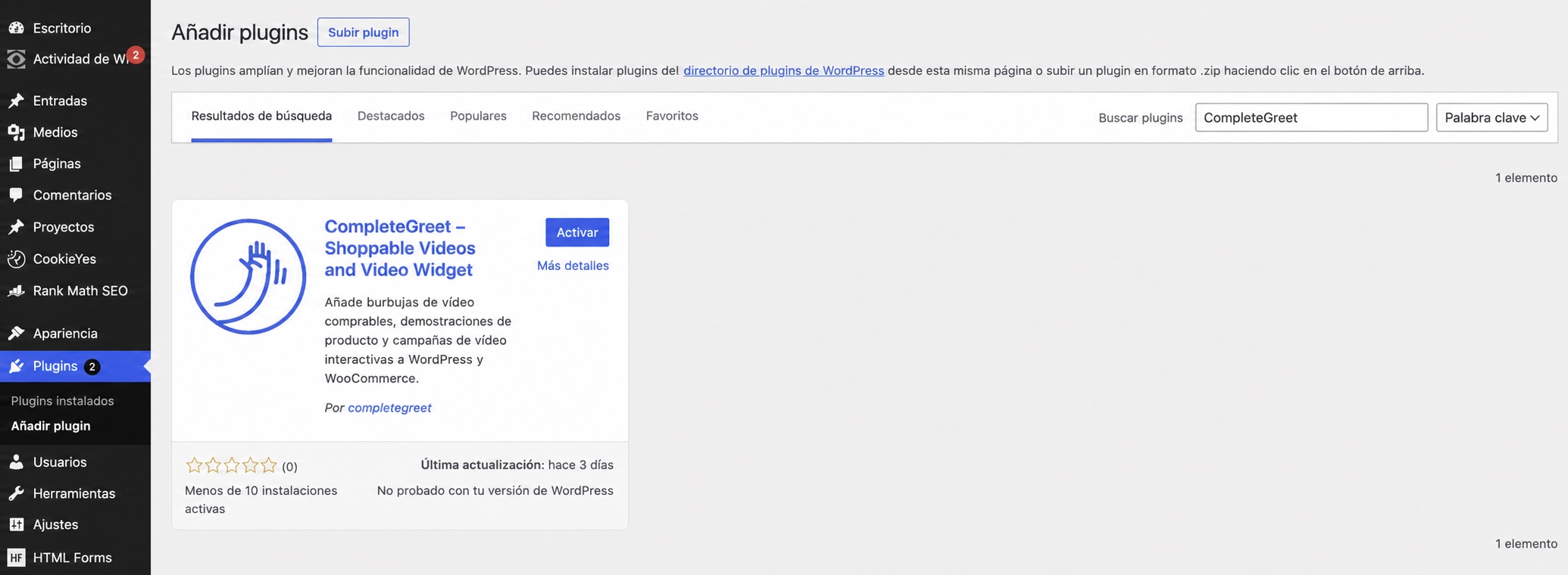 CompleteGreet frente a Loom para vídeos web: ¿qué elegir? 5 Plugin de CompleteGreet en la pantalla de añadir plugins de WordPress