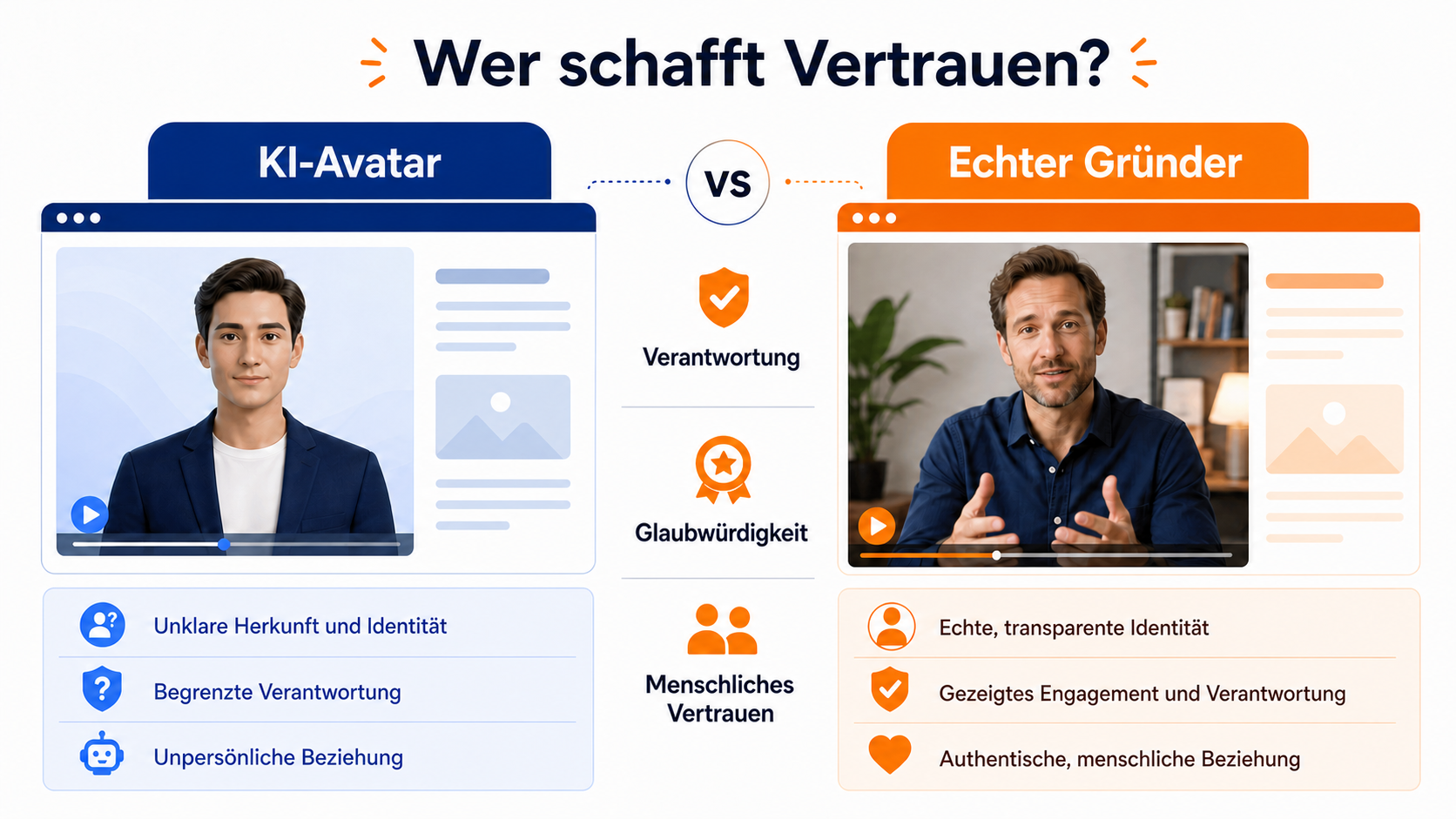 Illustration dazu, ob KI-Videos echte Gründerbegrüßungen ersetzen
