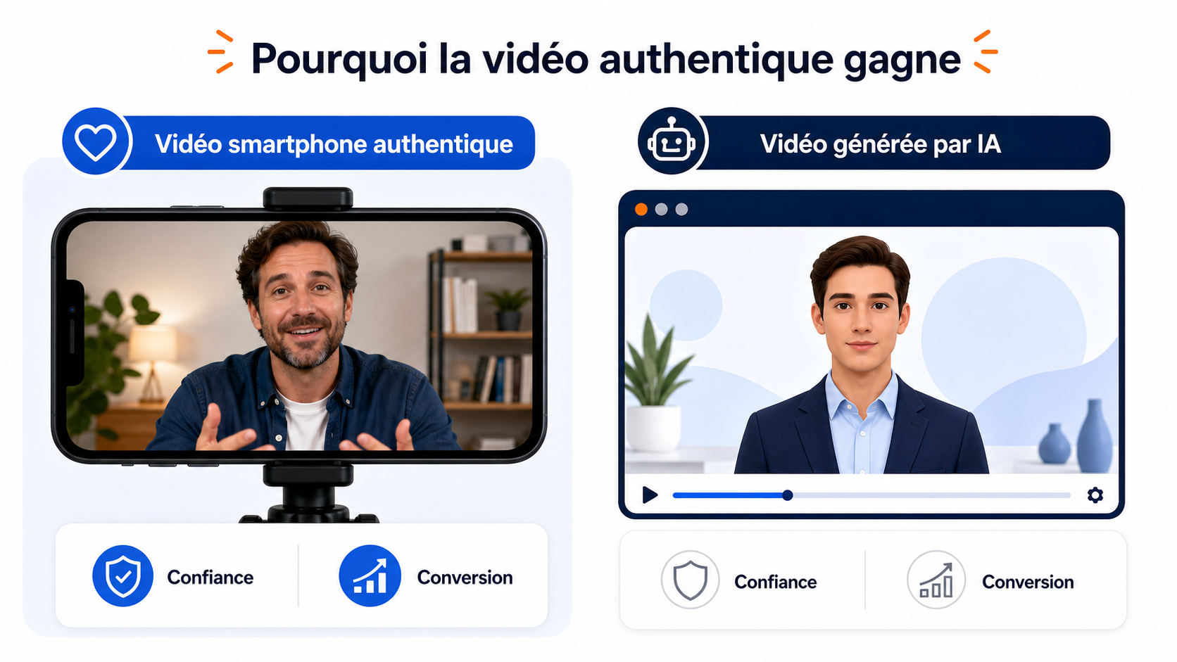 Illustration expliquant pourquoi la vidéo smartphone authentique bat la vidéo générée par IA en 2026