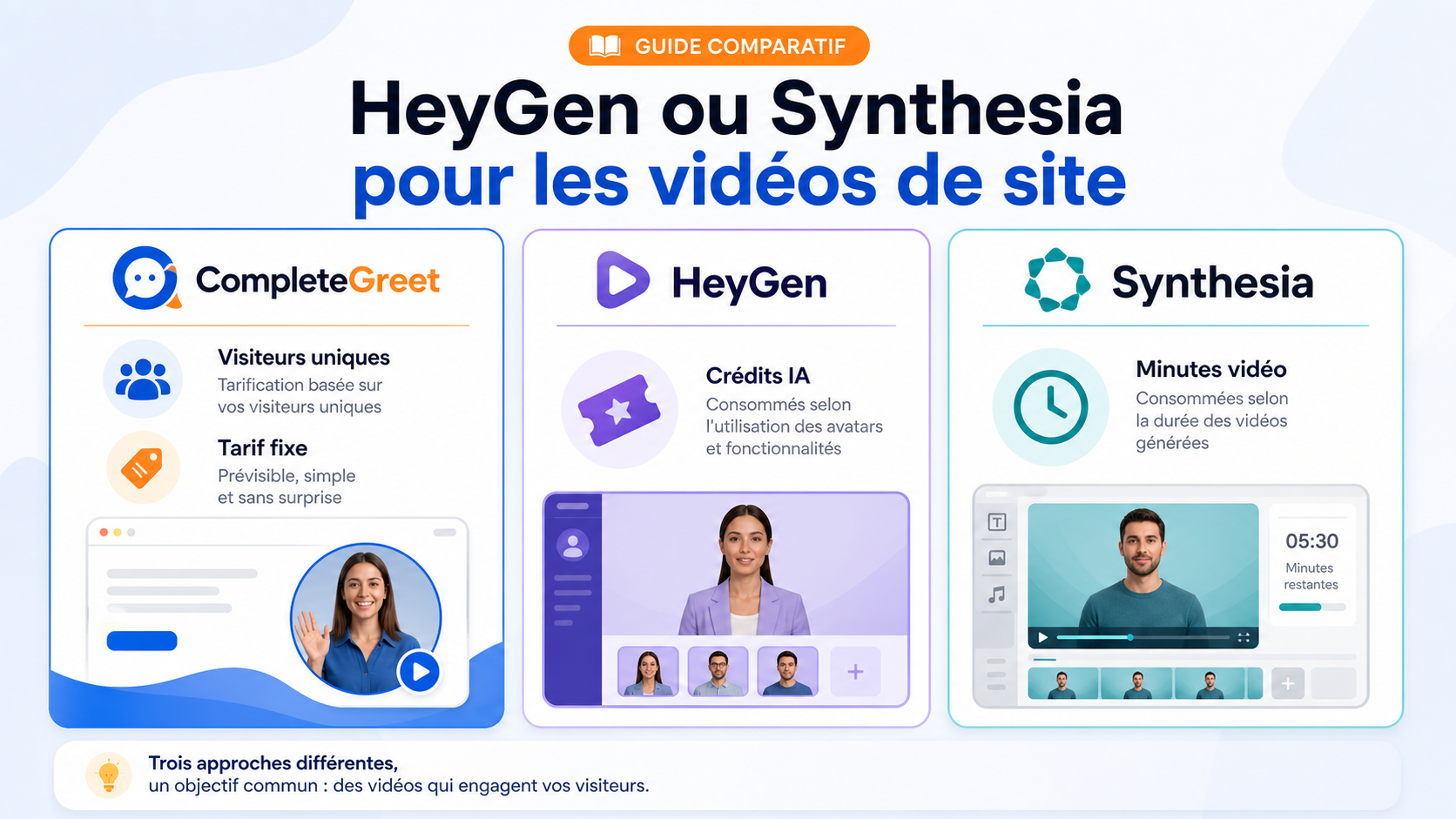 CompleteGreet frente a HeyGen y Synthesia: ¿qué opción de vídeo elegir? 1 Comparativa de precios de CompleteGreet, HeyGen y Synthesia