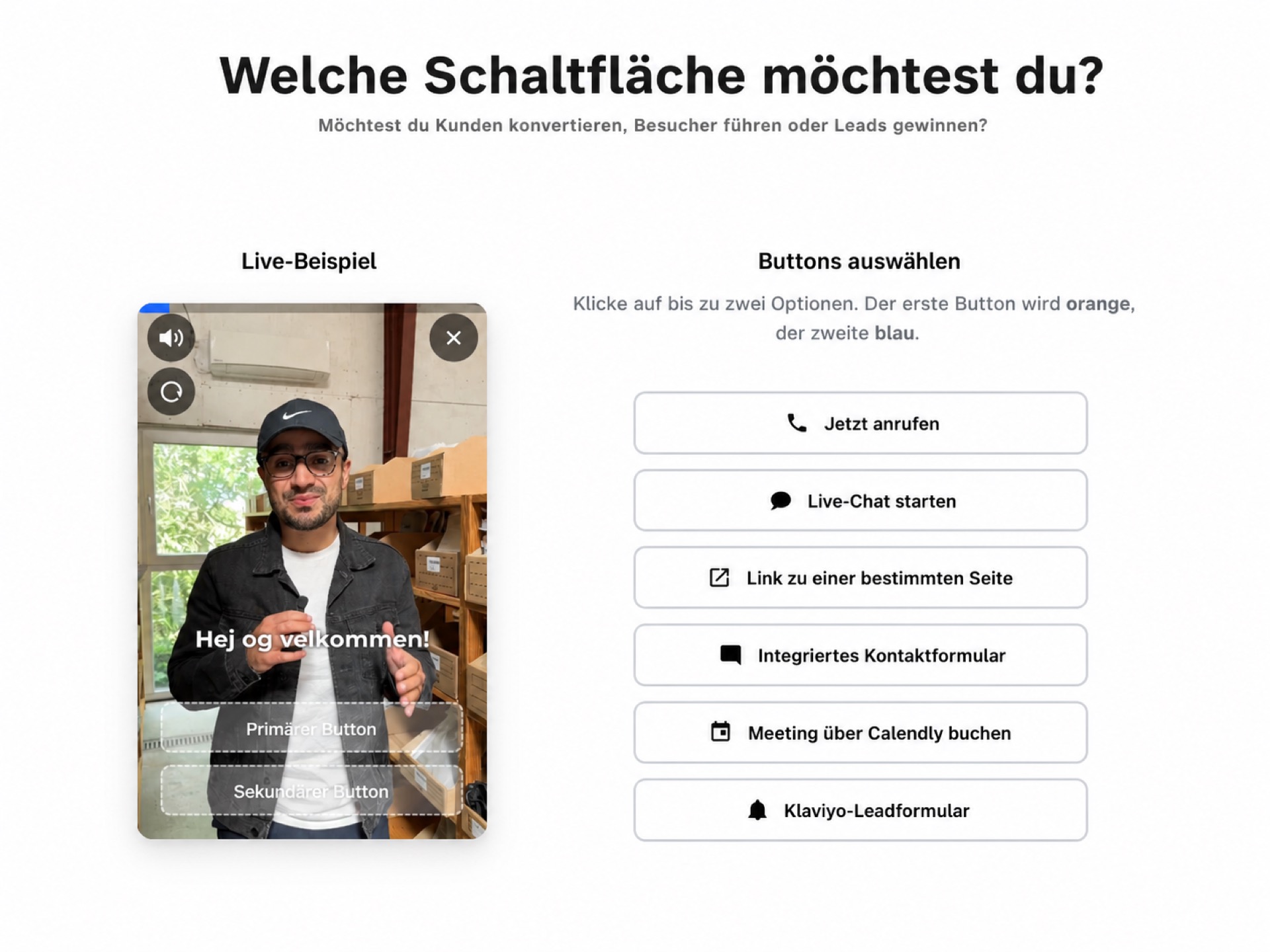 Screenshot des CompleteGreet-Video-Widgets mit Buttons für Anruf, Chat, Link, Formular und Terminbuchung