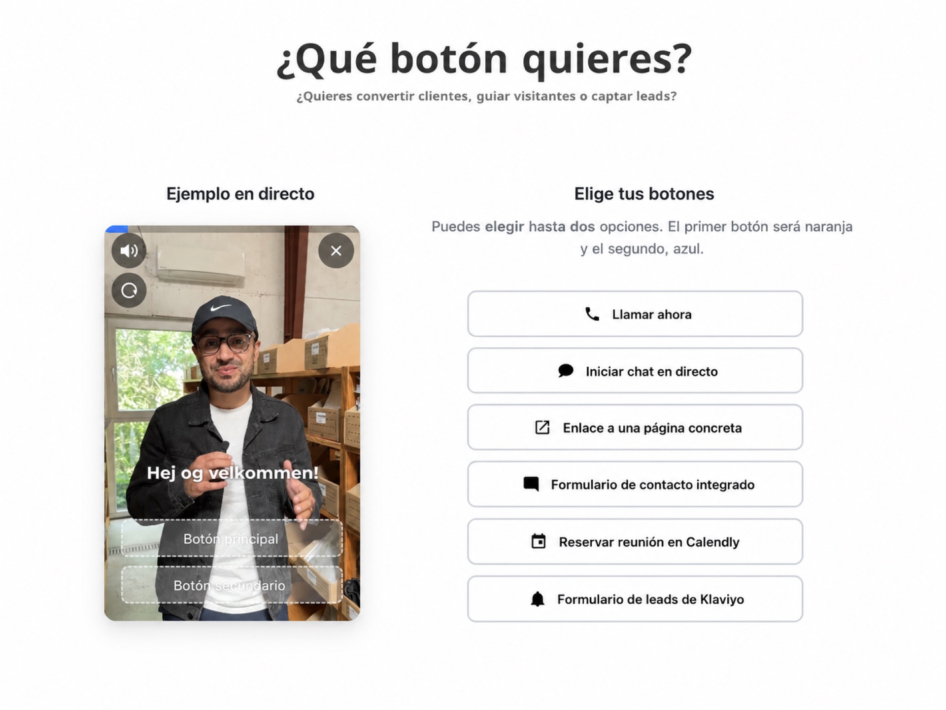 Widget de vídeo para cursos online y plataformas educativas 3 Captura del widget de vídeo de CompleteGreet con botones de llamada, chat, enlace, formulario y reserva