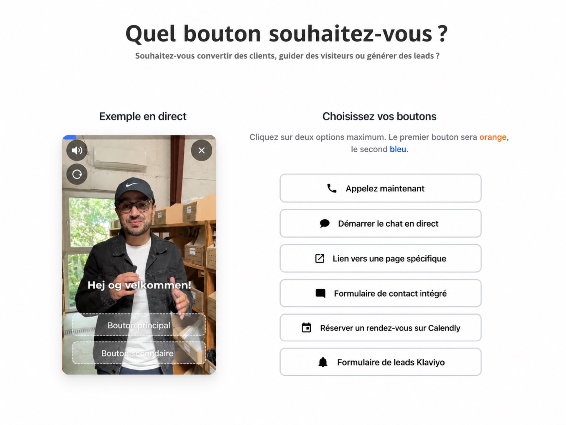 Widget vidéo pour les cours en ligne et les plateformes de formation 3 Capture du widget vidéo CompleteGreet avec des boutons d’appel, de chat, de lien, de formulaire et de réservation