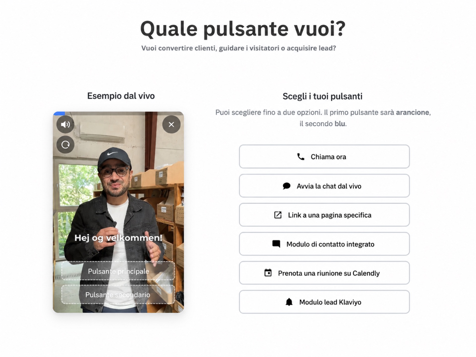 Schermata del widget video CompleteGreet con pulsanti per chiamata, chat, link, modulo e prenotazione