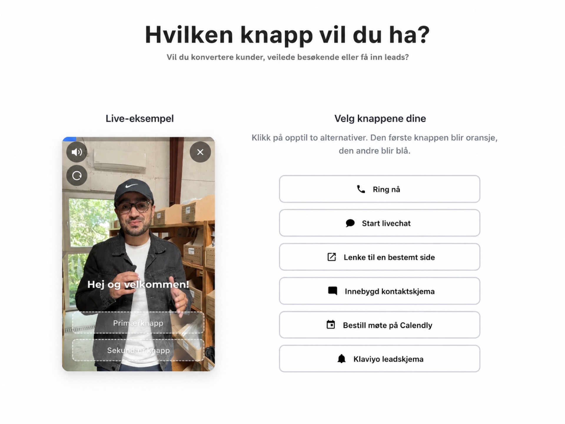 Skjermbilde av CompleteGreet-videowidget med knapper for samtale, chat, lenke, skjema og booking