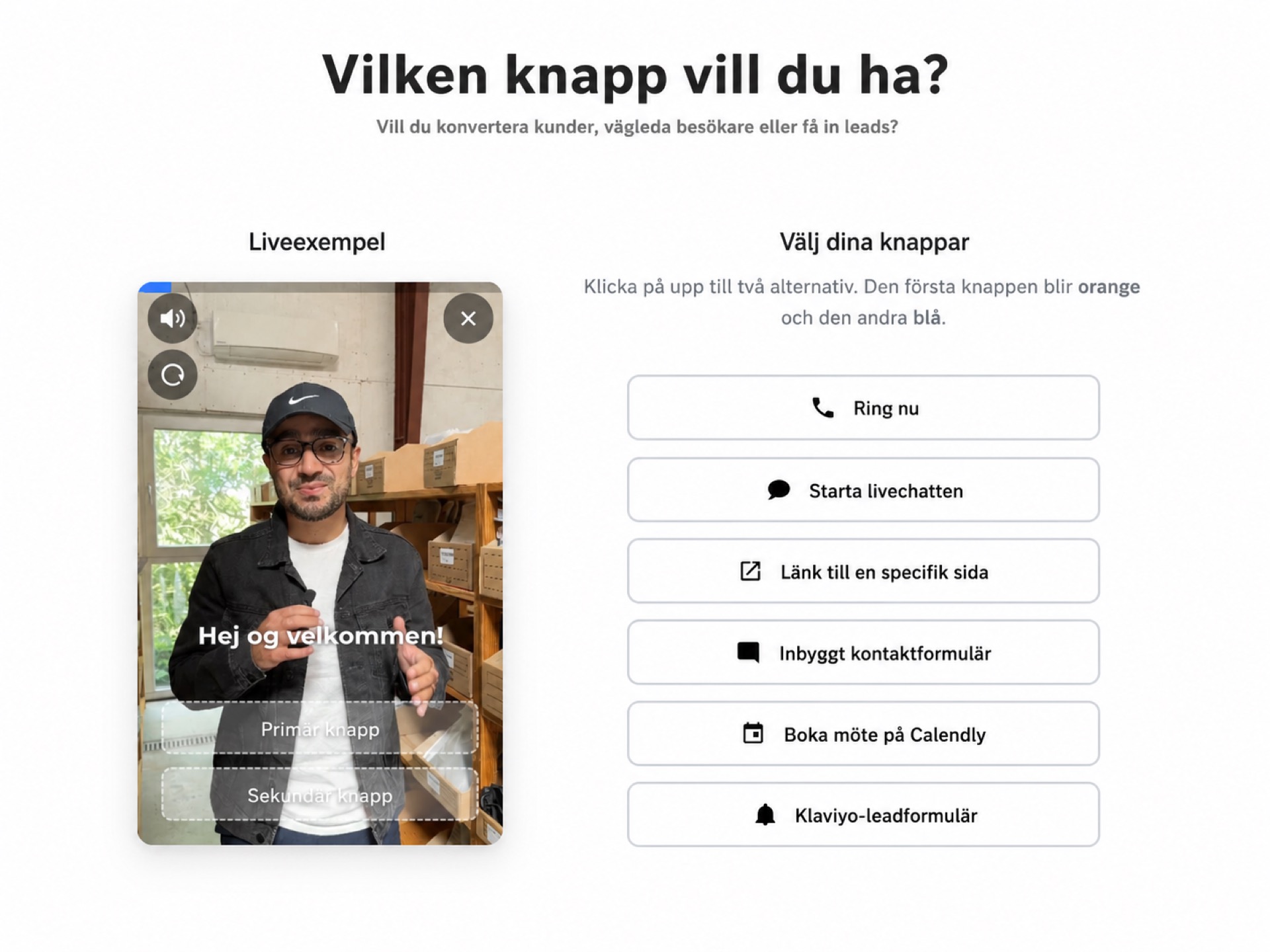 Skärmbild av CompleteGreet-videowidget med knappar för samtal, chatt, länk, formulär och bokning