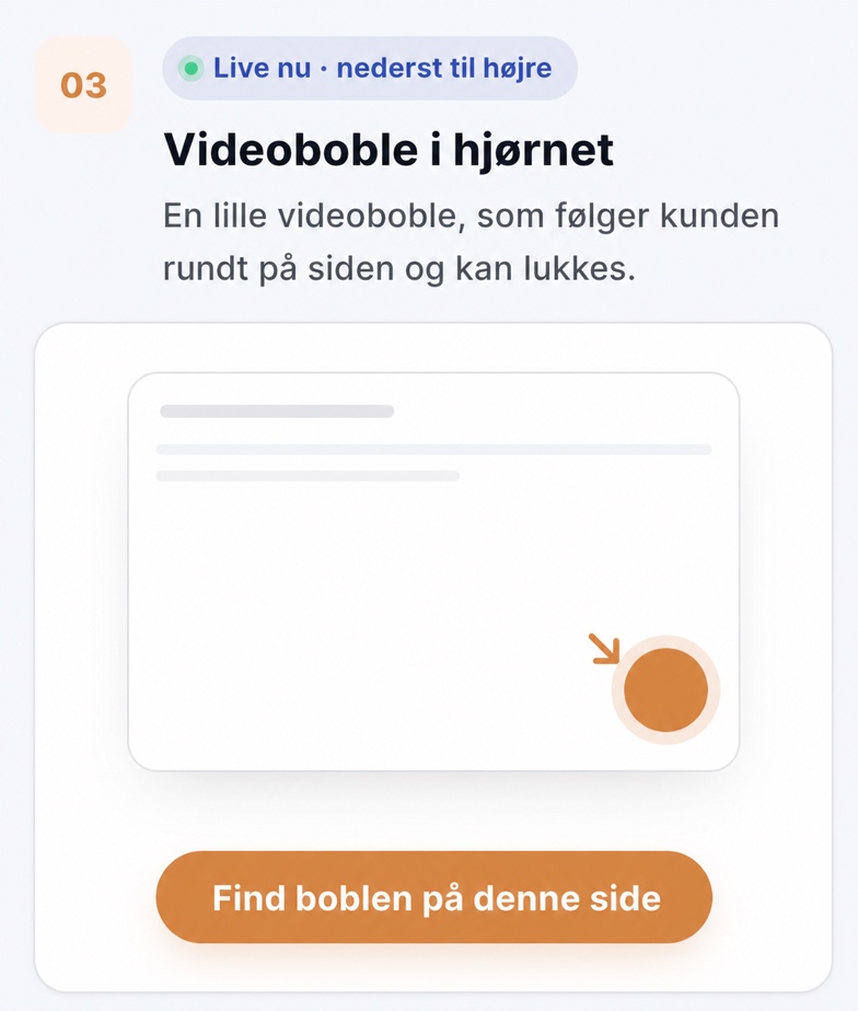 CompleteGreet videoboble i hjørnet, som følger kunden rundt på siden