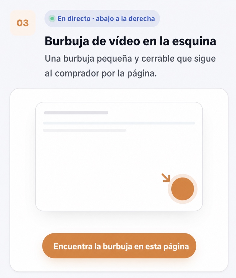 Burbuja de vídeo de CompleteGreet en la esquina inferior de una página.