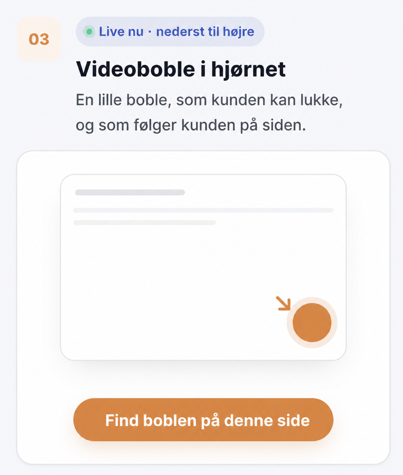 CompleteGreet-videoboble i hjørnet, som følger kunden på siden