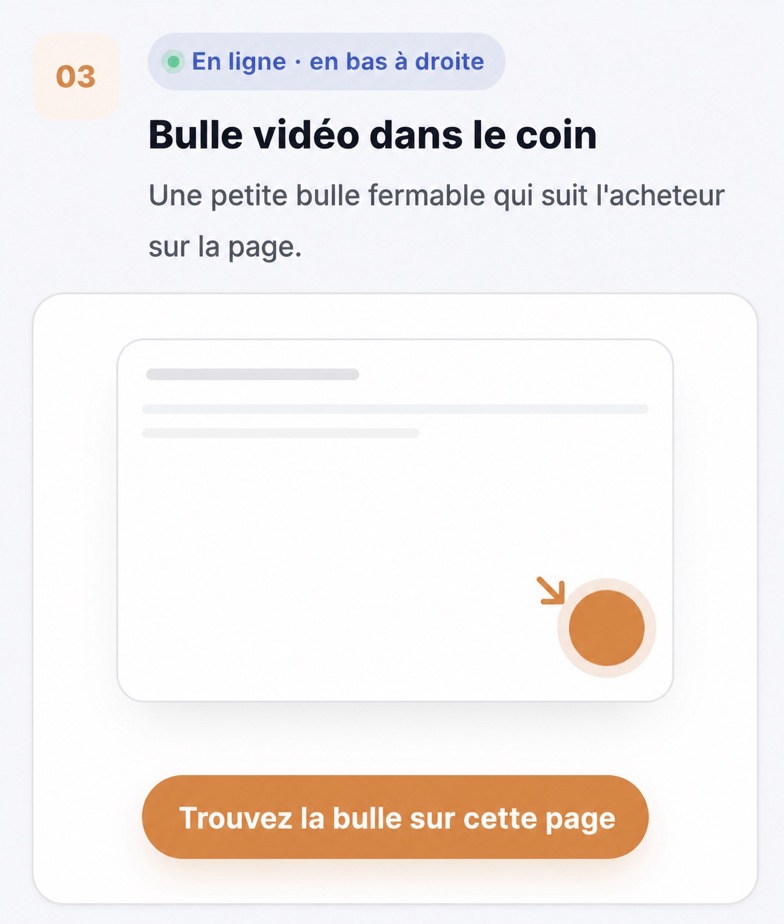 Bulle vidéo CompleteGreet dans le coin qui suit l'acheteur sur la page