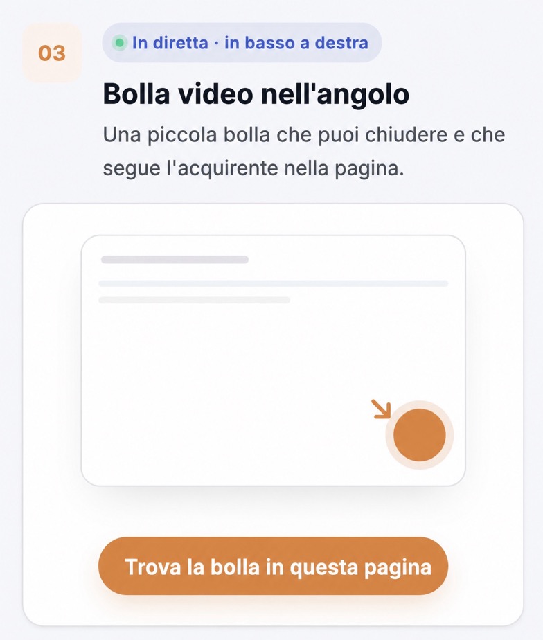 Bolla video di CompleteGreet nell'angolo che segue il cliente nella pagina