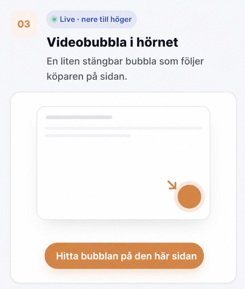 CompleteGreet-videobubbla i hörnet som följer besökaren på sidan