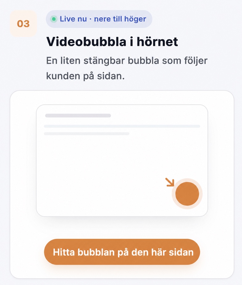 CompleteGreet-videobubbla i hörnet som följer kunden på sidan