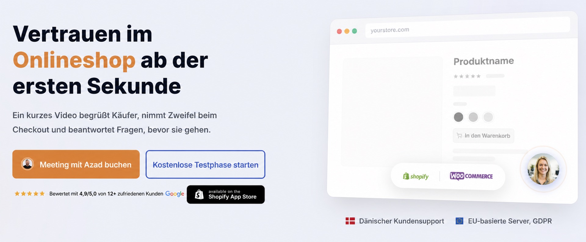 CompleteGreet-Video auf einer E-Commerce-Startseite, das vor dem Checkout Vertrauen schafft
