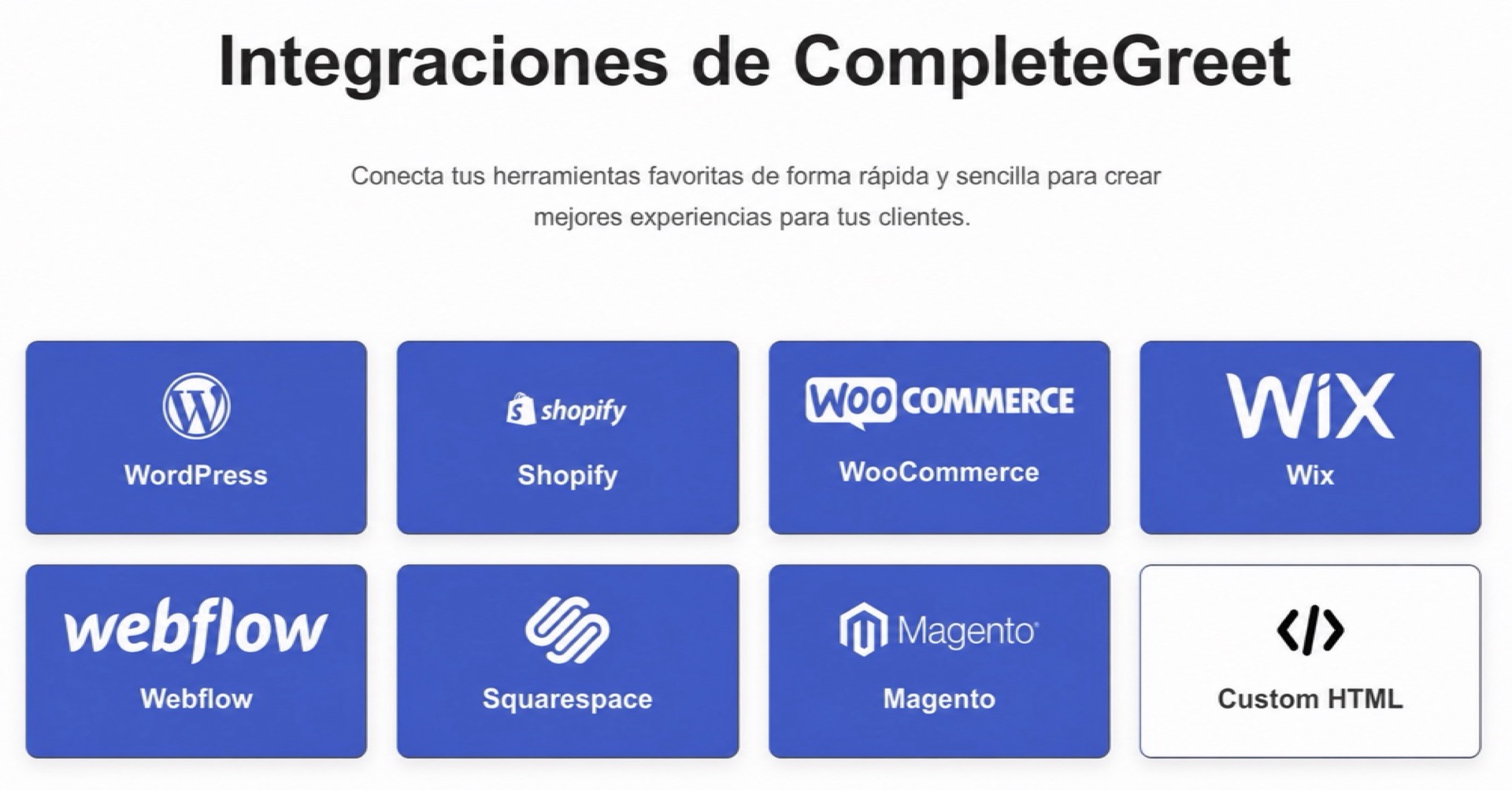 Vidjet vs Tolstoy para tiendas Shopify 5 Integraciones de CompleteGreet con WordPress, Shopify, WooCommerce, Wix, Webflow, Squarespace, Magento y Custom HTML