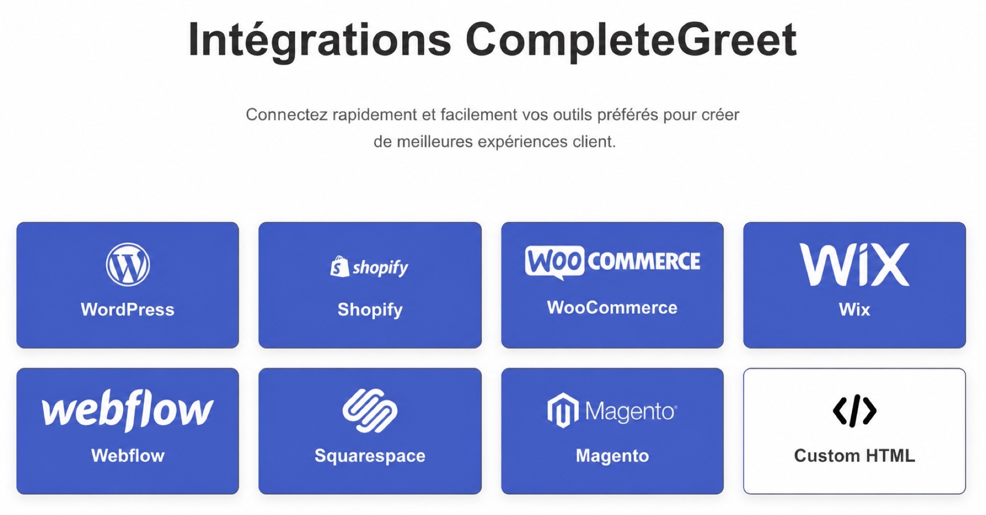 Intégrations CompleteGreet pour WordPress, Shopify, WooCommerce, Wix, Webflow, Squarespace, Magento et Custom HTML