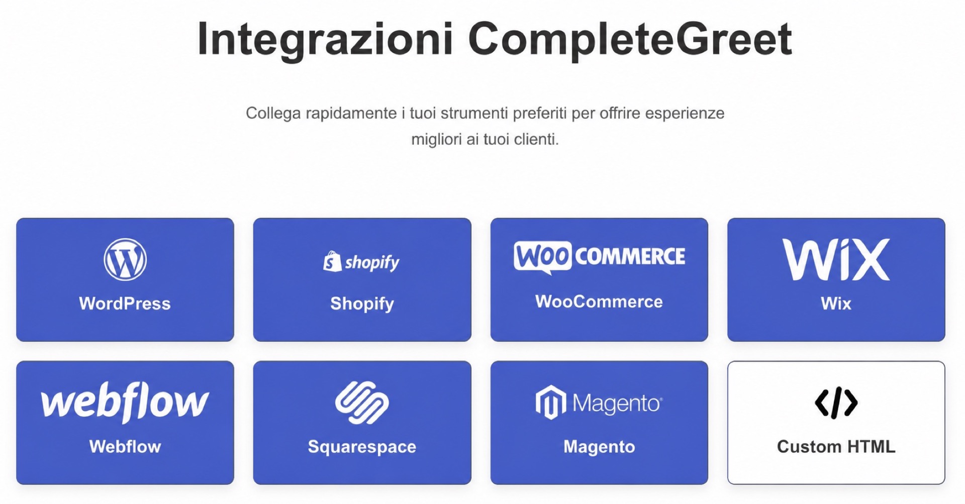 Integrazioni CompleteGreet con WordPress, Shopify, WooCommerce, Wix, Webflow, Squarespace, Magento e Custom HTML