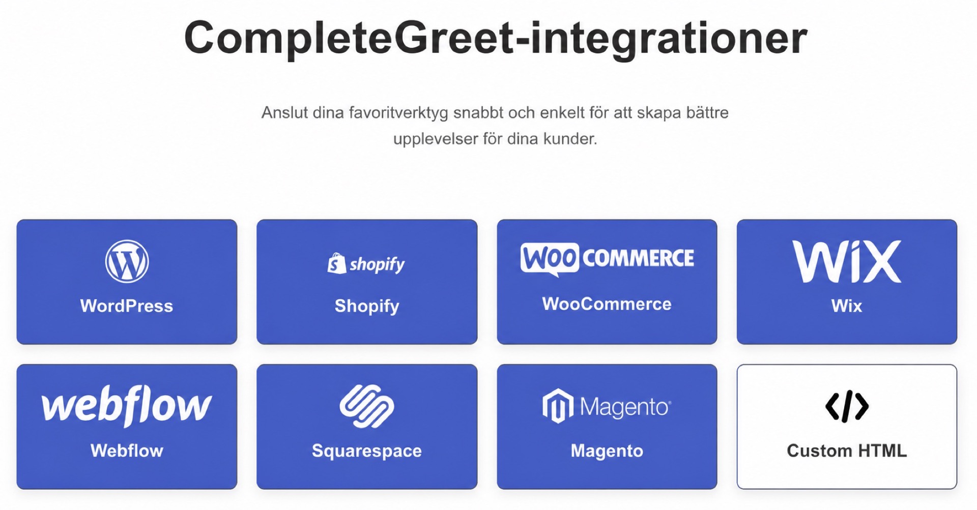 CompleteGreet-integrationer för WordPress, Shopify, WooCommerce, Wix, Webflow, Squarespace, Magento och Custom HTML