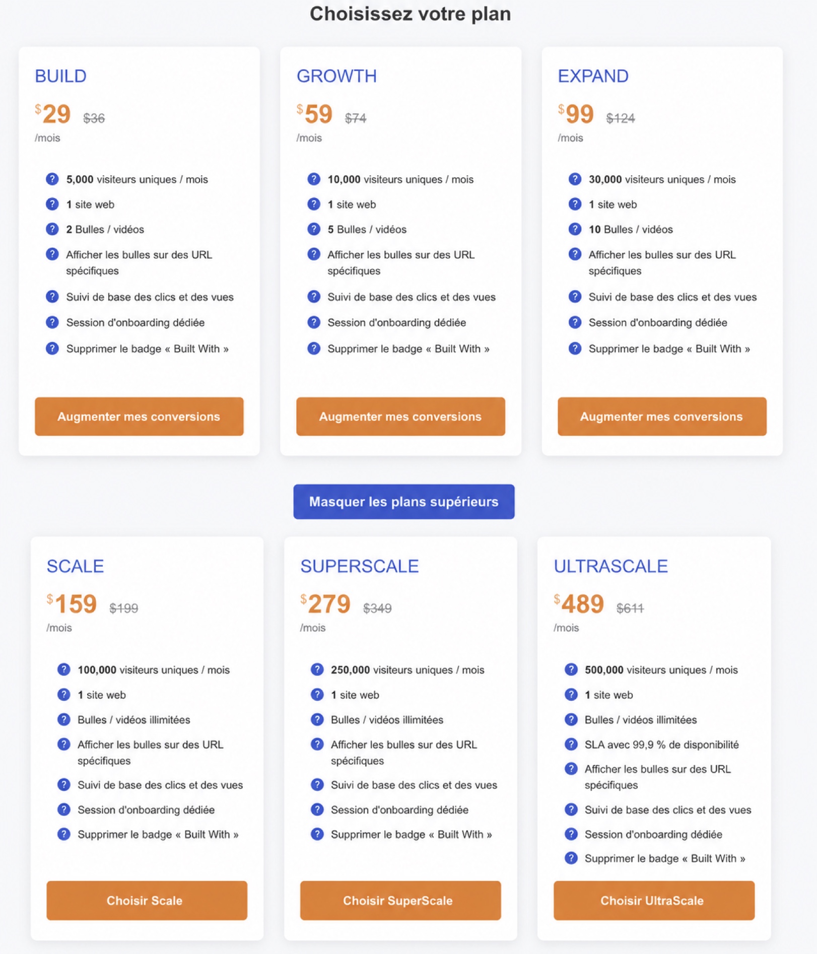 Vue d’ensemble des offres tarifaires CompleteGreet avec plusieurs niveaux d’abonnement