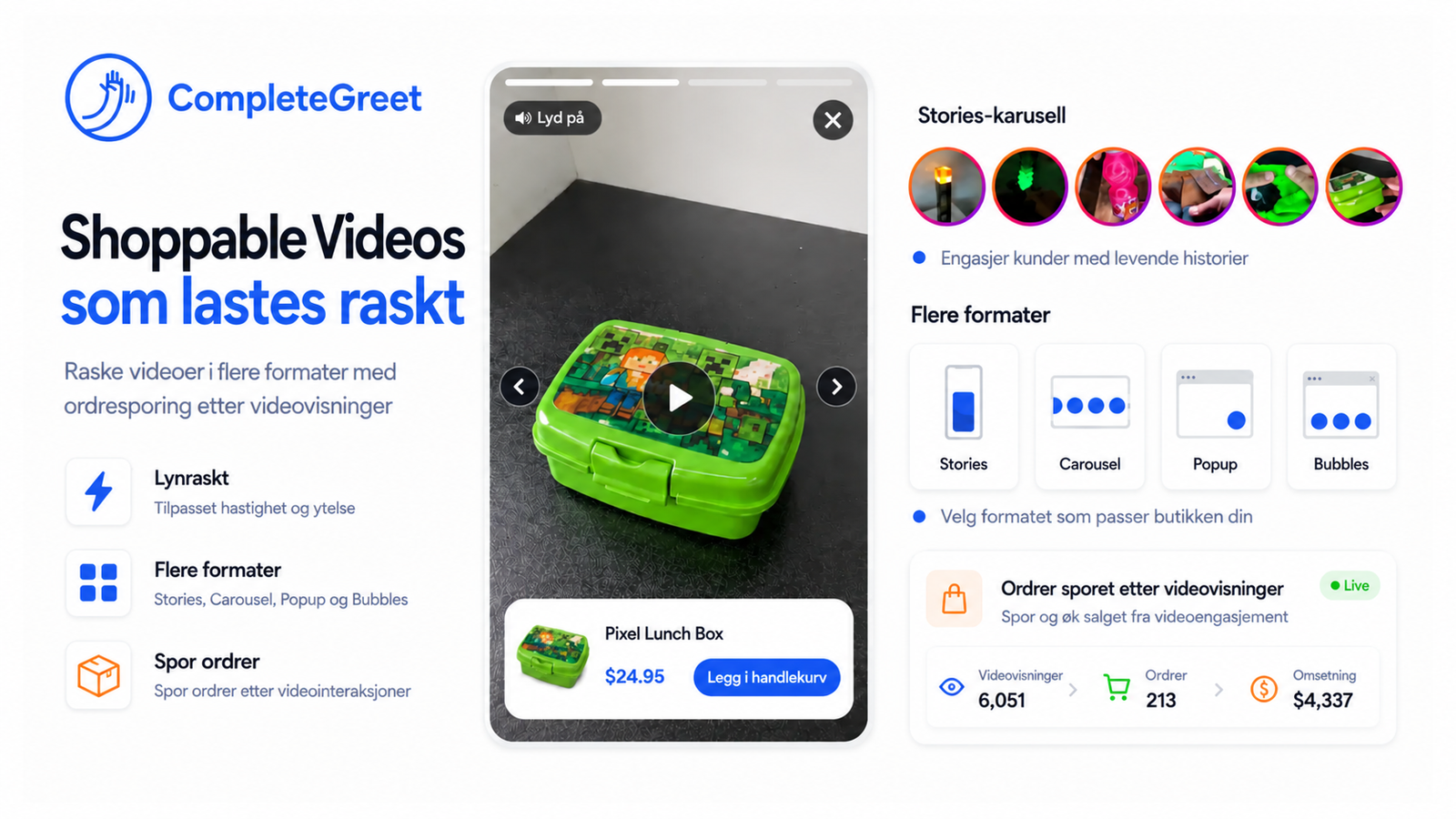 CompleteGreet-widget for Shoppable Videos med en produktvideo og fordeler for ytelsen.