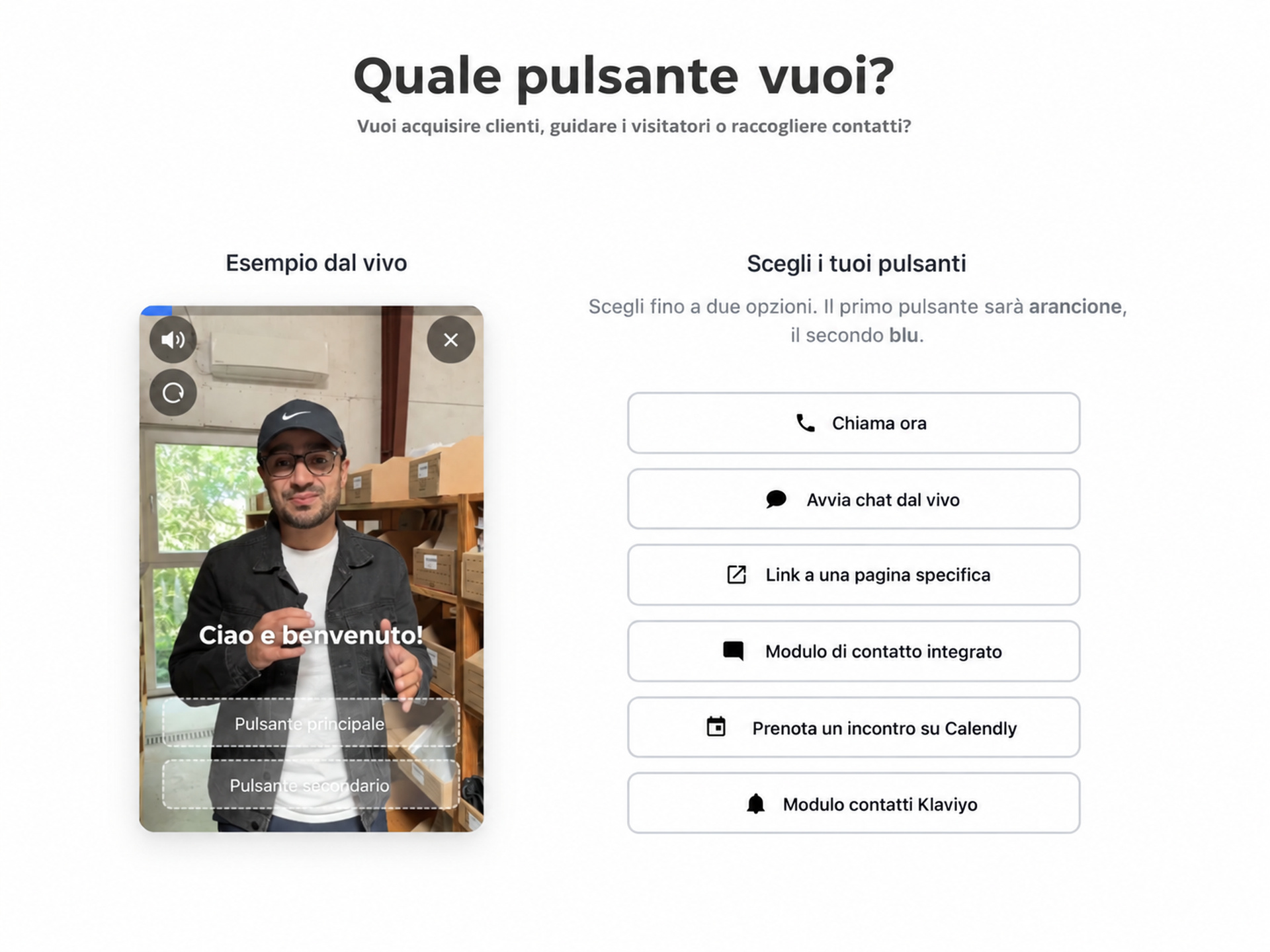 Opzioni dei pulsanti del widget video CompleteGreet per chiamate, chat, link, moduli, prenotazioni e prodotti.