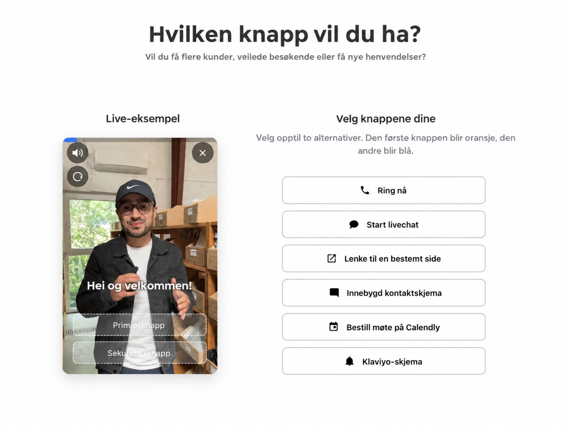 Knappevalg i videowidgeten fra CompleteGreet, blant annet telefon, chat, lenke, skjema, booking og produktknapper.