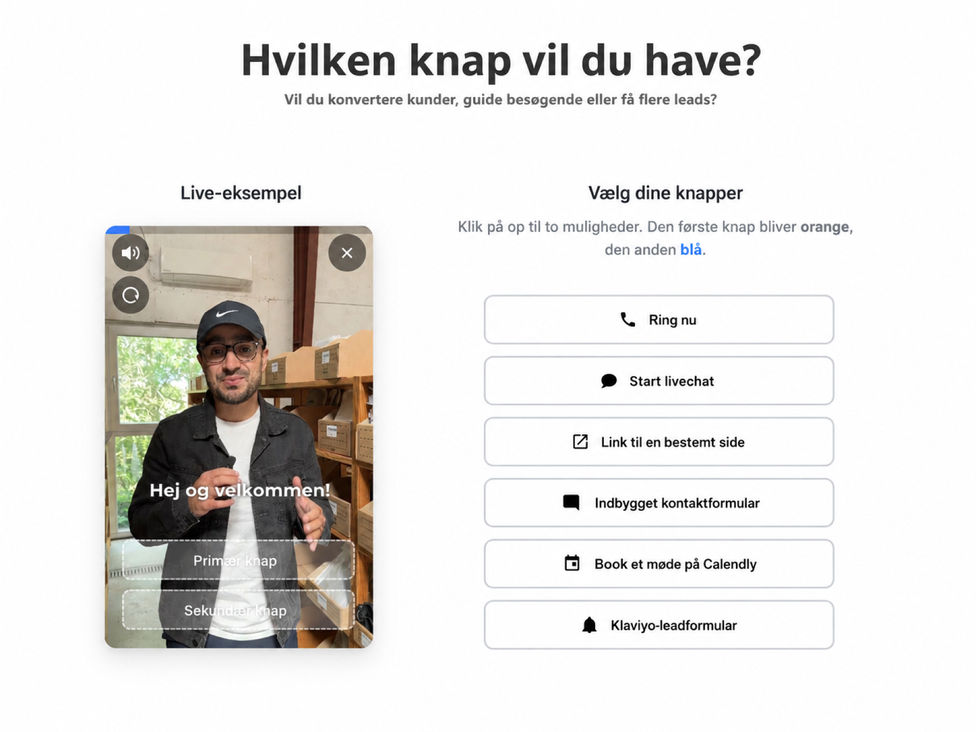 Hvor skal produktvideoer placeres på en produktside? 3 CompleteGreet-videowidgetens knapmuligheder, herunder opkald, chat, link, formular, booking og produktknapper
