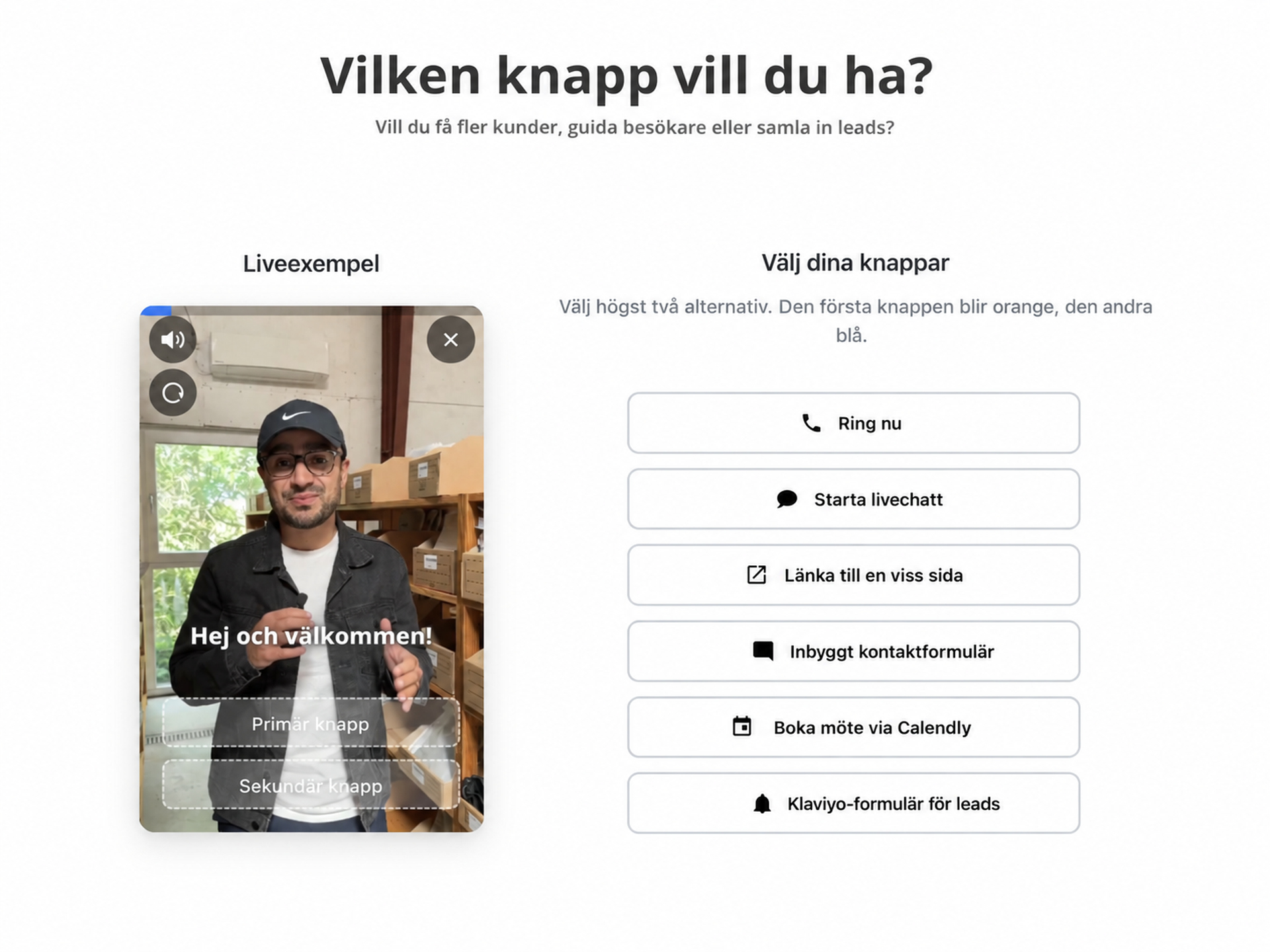 Knappalternativ i CompleteGreets videowidget, bland annat samtal, chatt, länkar, formulär, bokning och produktknappar.