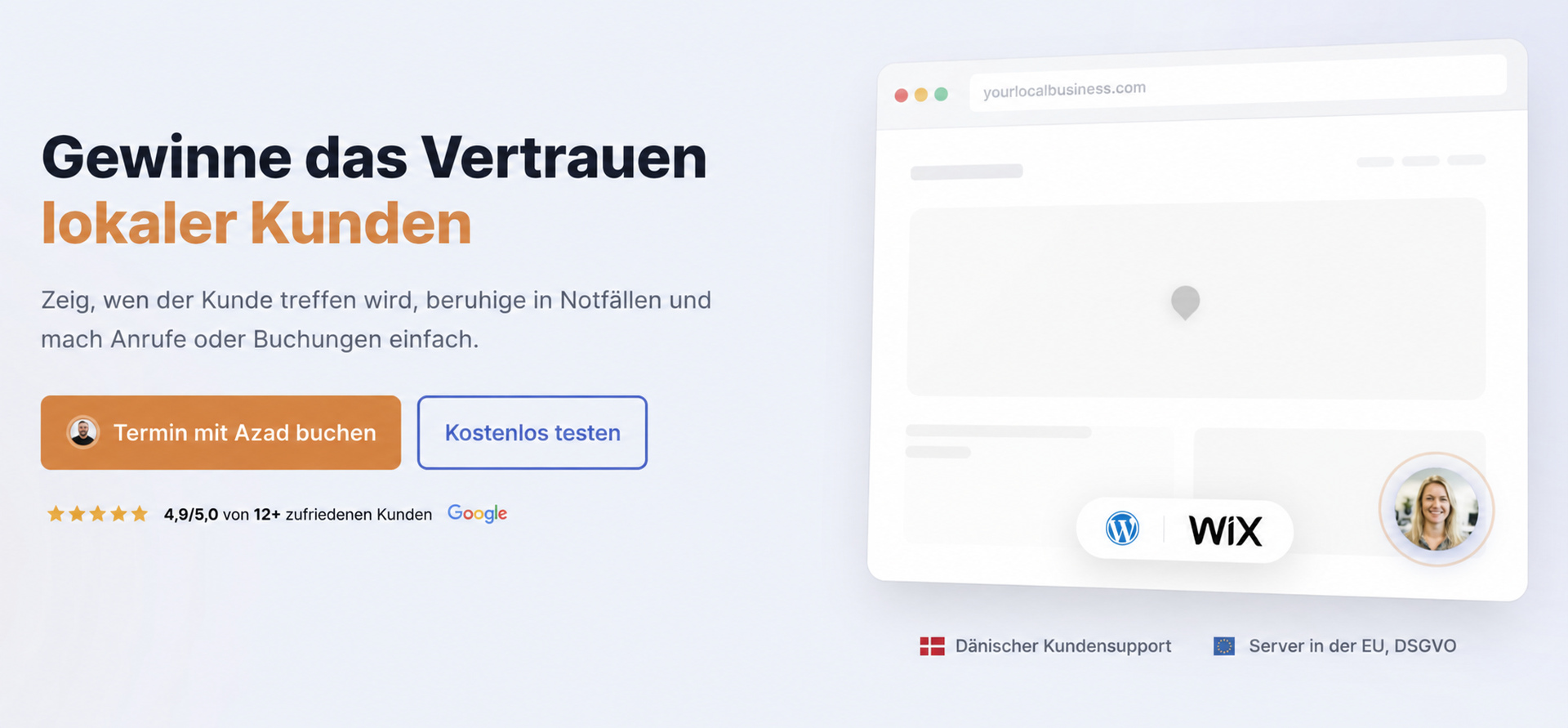 CompleteGreet-Seitenkopf für lokale Kunden, Vertrauen und Terminbuchungen.