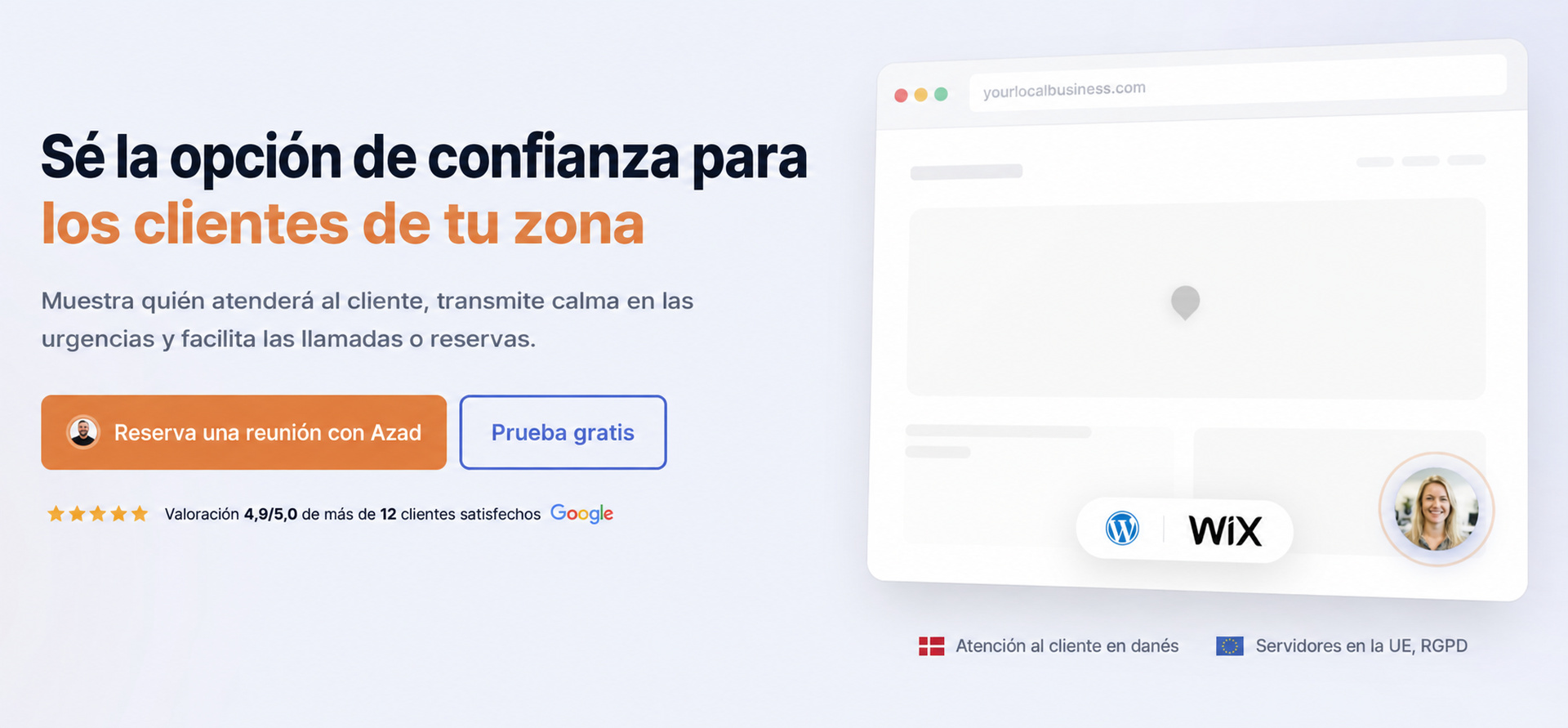 Sección principal de CompleteGreet para generar confianza y facilitar reservas de clientes locales.