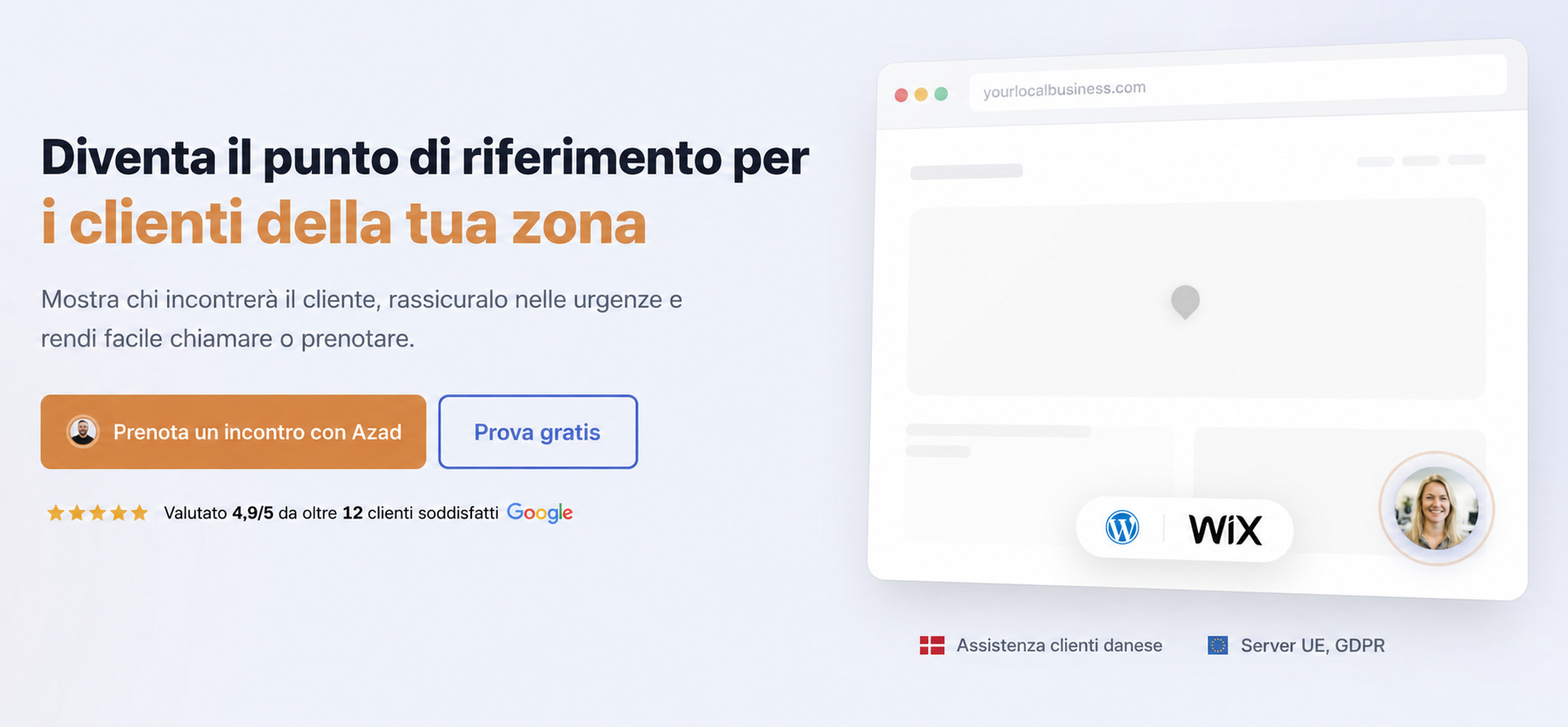 Sezione iniziale di CompleteGreet per ispirare fiducia ai clienti della zona e favorire le prenotazioni.