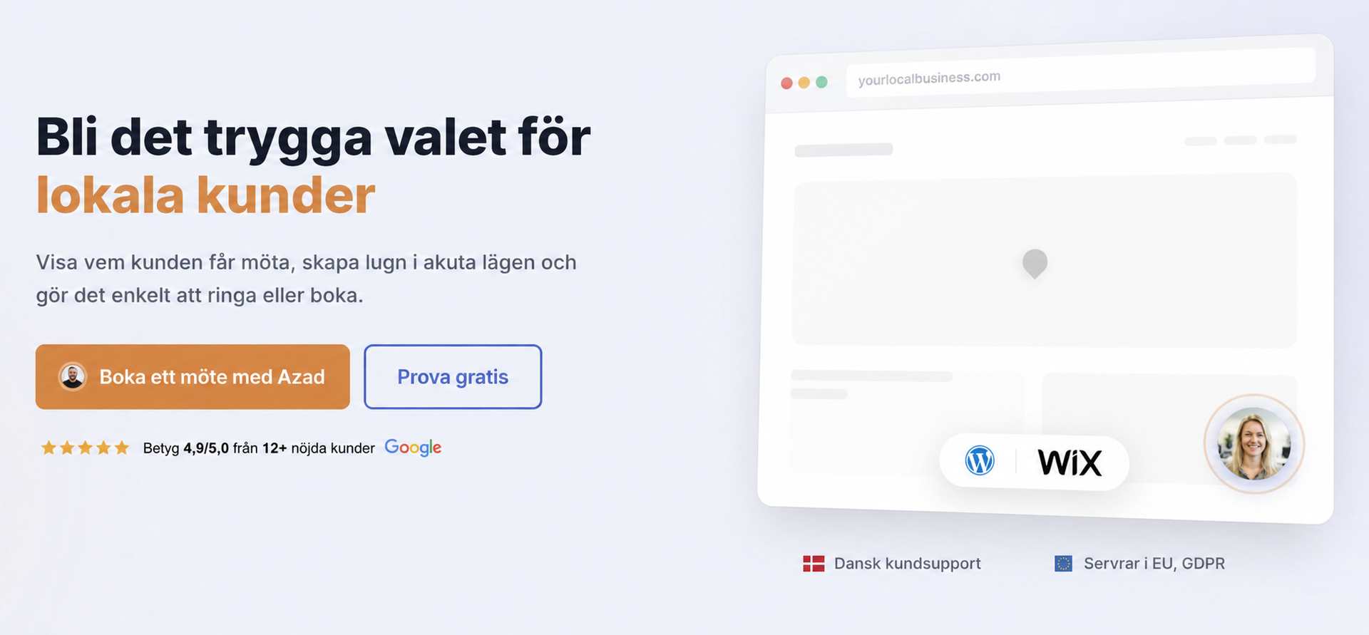 CompleteGreets startsidessektion för lokala kunder med fokus på förtroende och bokning.