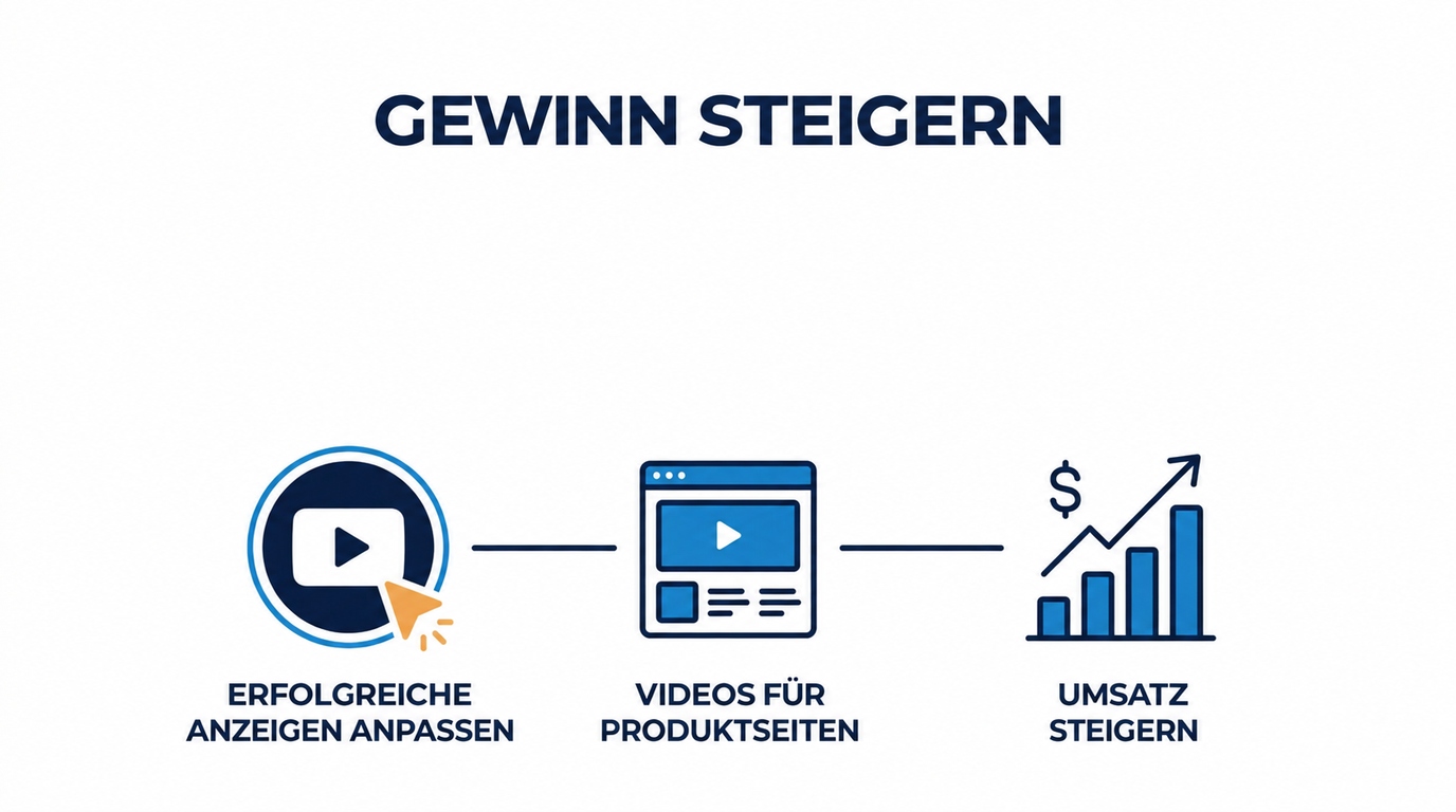 So machst du aus erfolgreichen Anzeigen Videos für Produktseiten 2 Ablauf: erfolgreiche Anzeigen anpassen, Videos für Produktseiten erstellen und den Umsatz steigern.